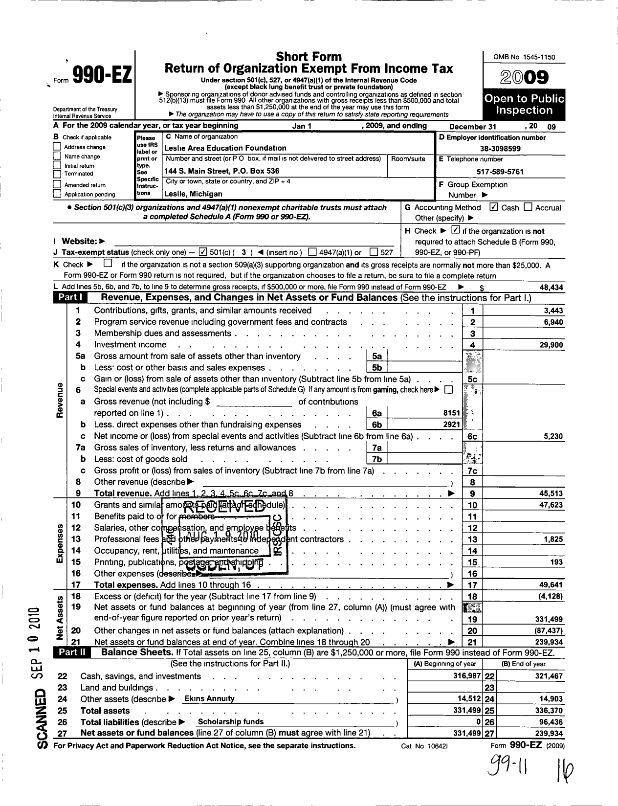 Image of first page of 2009 Form 990EZ for Leslie Area Educational Foundation