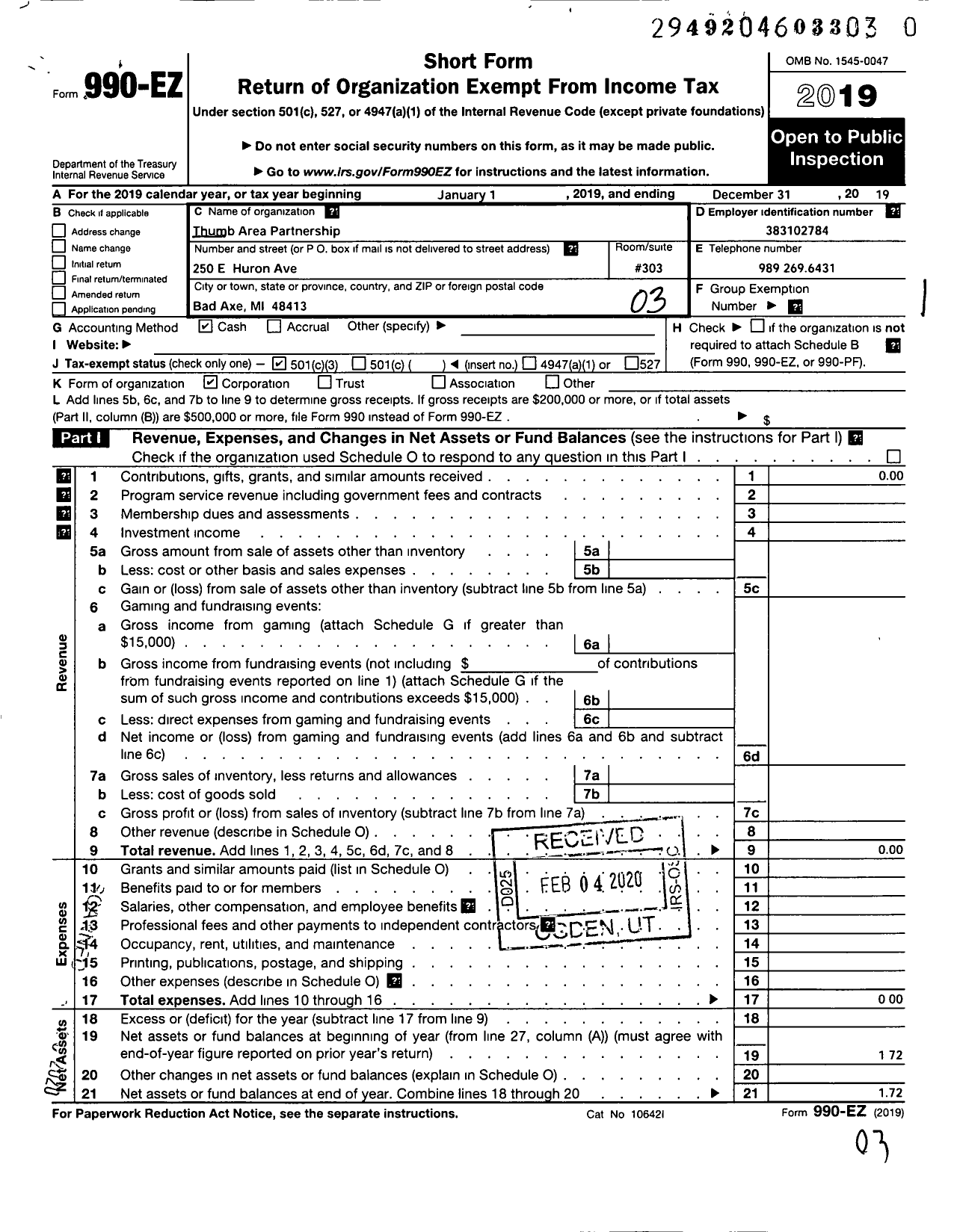 Image of first page of 2019 Form 990EZ for Thumb Area Partnership A Michigan Non-Profit Corporation