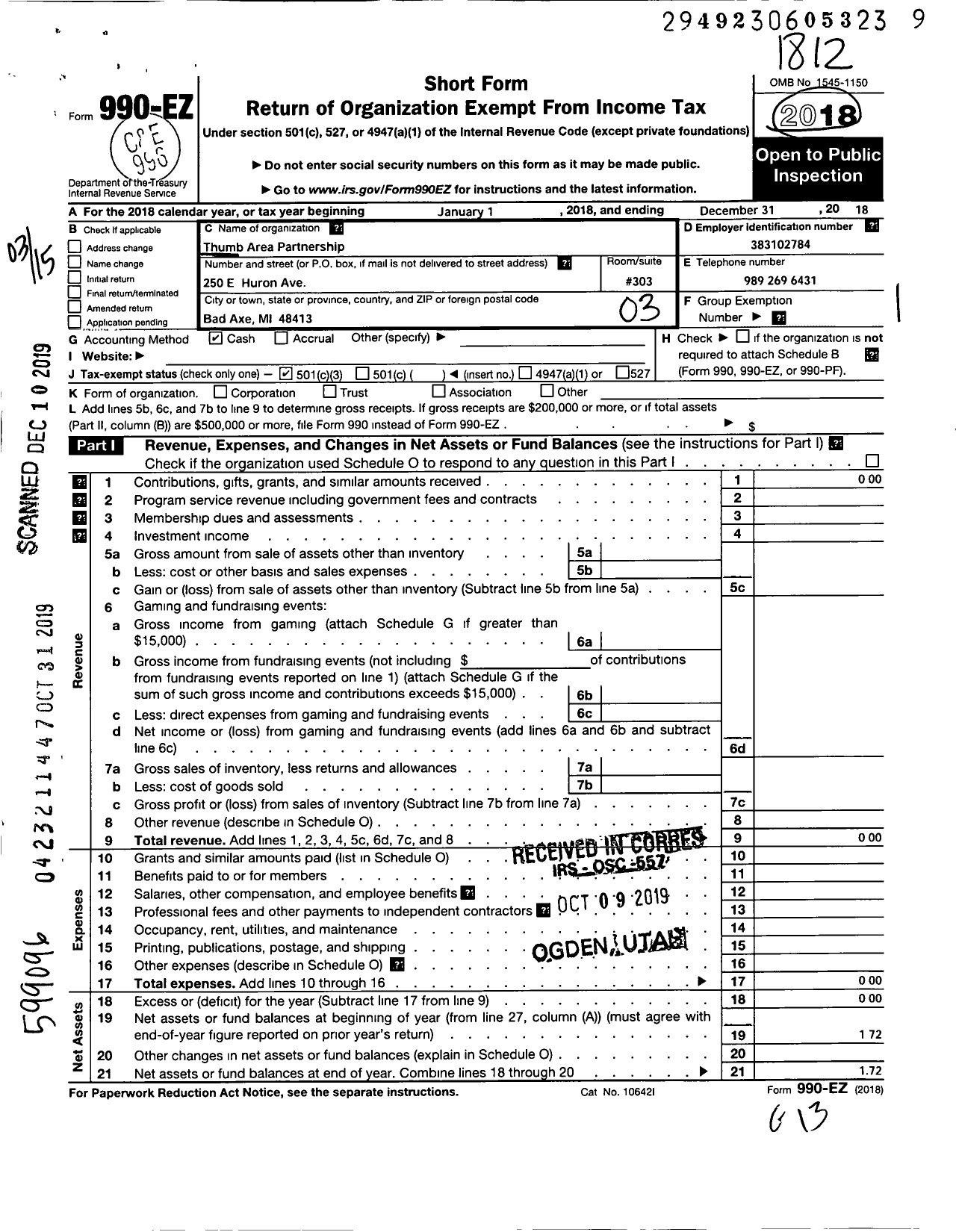 Image of first page of 2018 Form 990EZ for Thumb Area Partnership A Michigan Non-Profit Corporation