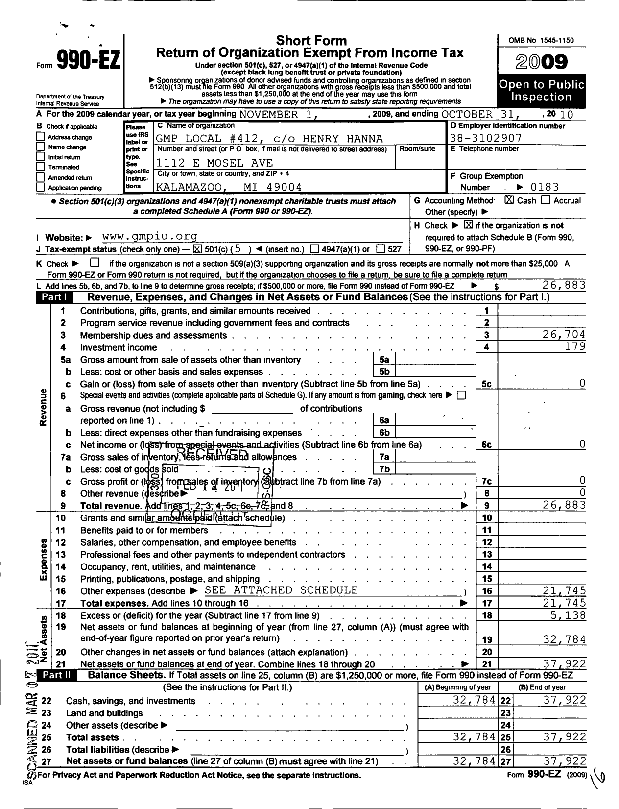 Image of first page of 2009 Form 990EO for United Steelworkers - 00412m Local