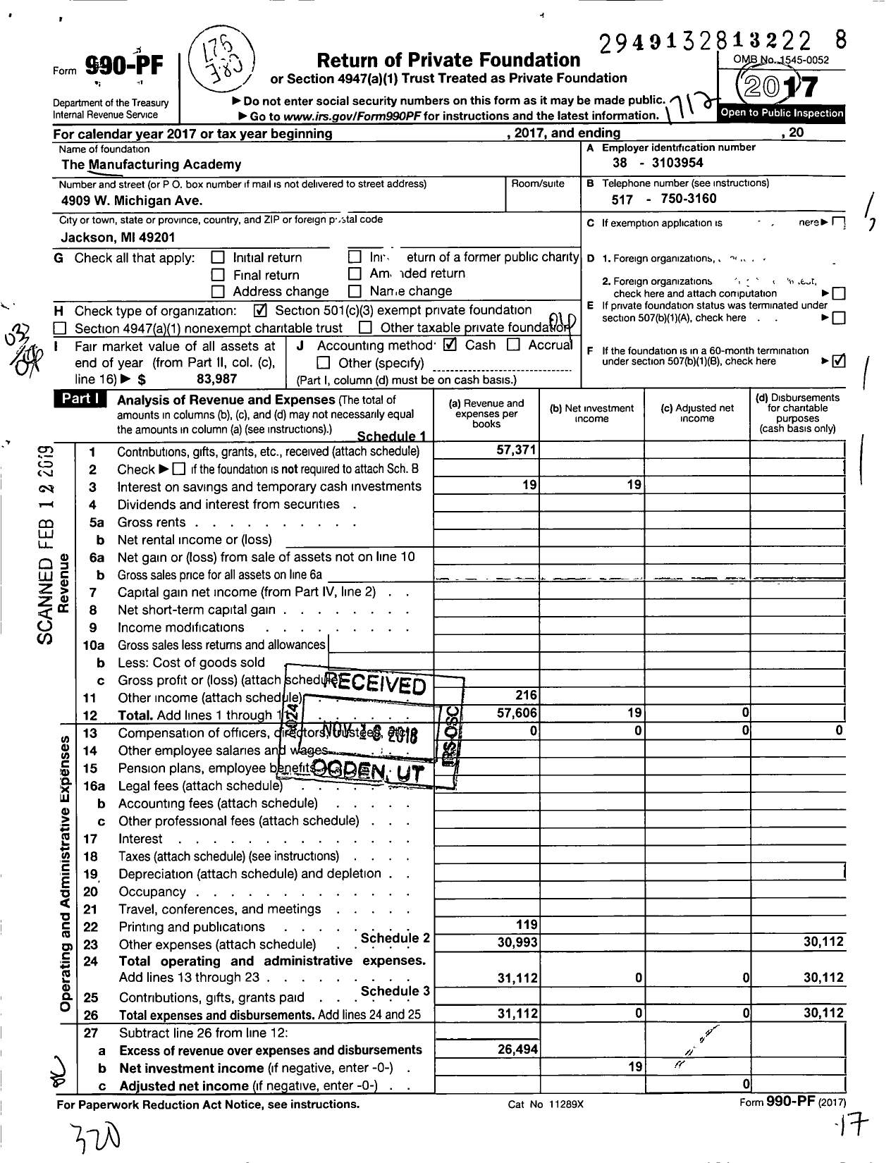 Image of first page of 2017 Form 990PF for The Manufacturing Academy