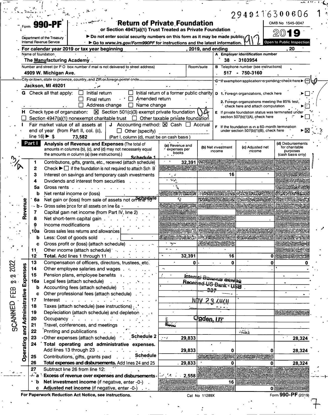 Image of first page of 2019 Form 990PF for The Manufacturing Academy