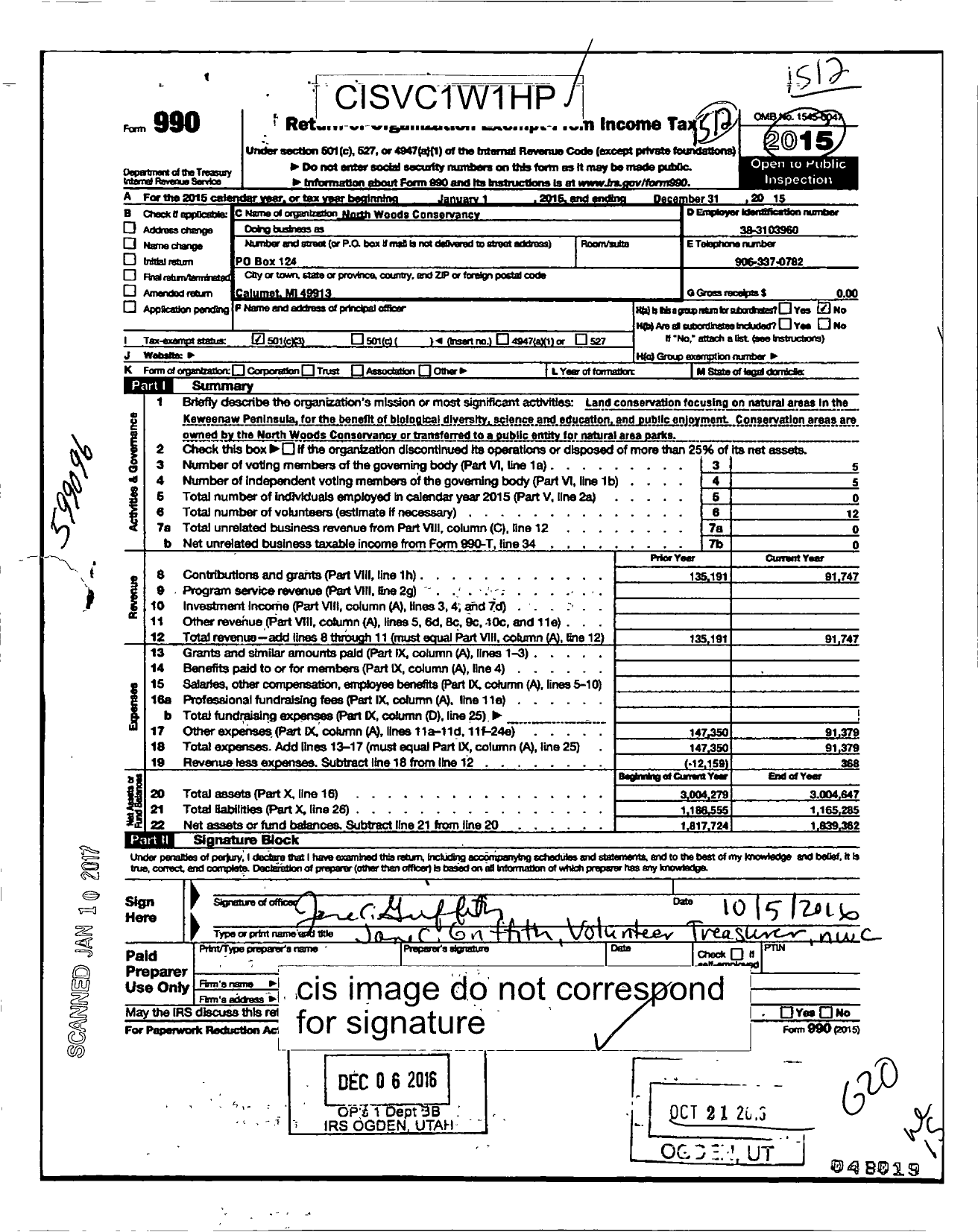 Image of first page of 2015 Form 990 for North Woods Conservancy