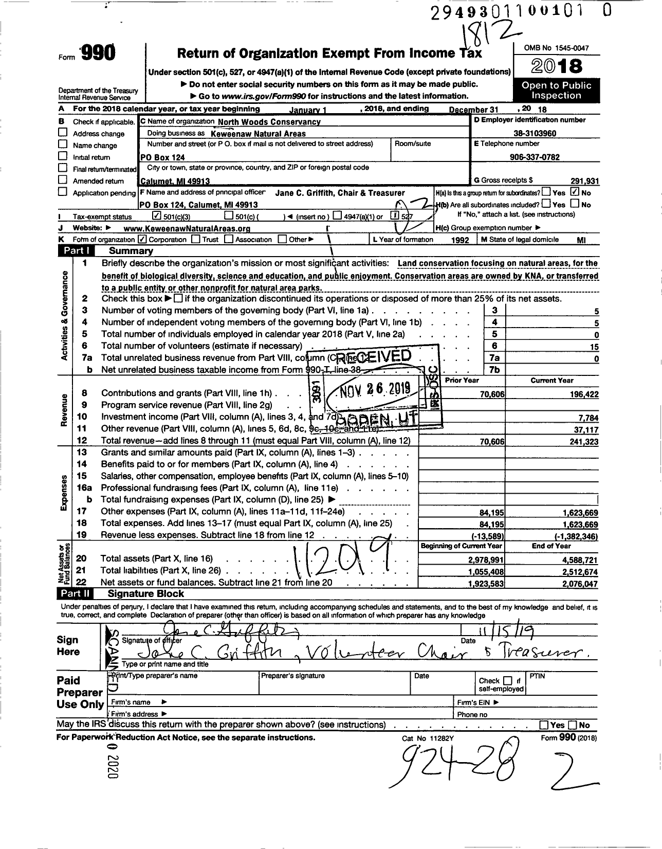 Image of first page of 2018 Form 990 for North Woods Conservancy