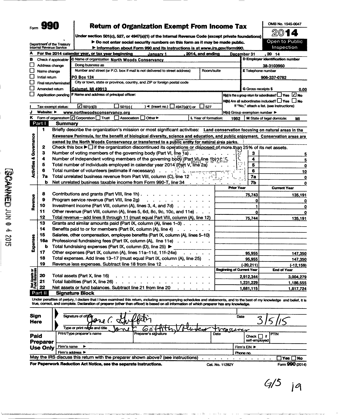 Image of first page of 2014 Form 990 for North Woods Conservancy