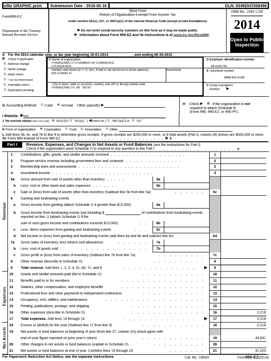 Image of first page of 2014 Form 990EZ for Frankenmuth Chamber of Commerce Foundation