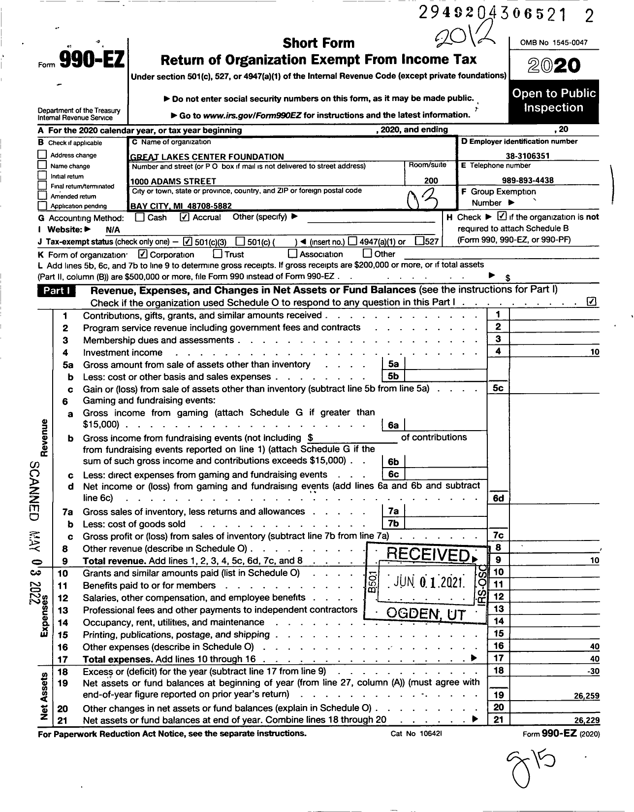 Image of first page of 2020 Form 990EZ for Great Lakes Center Foundation