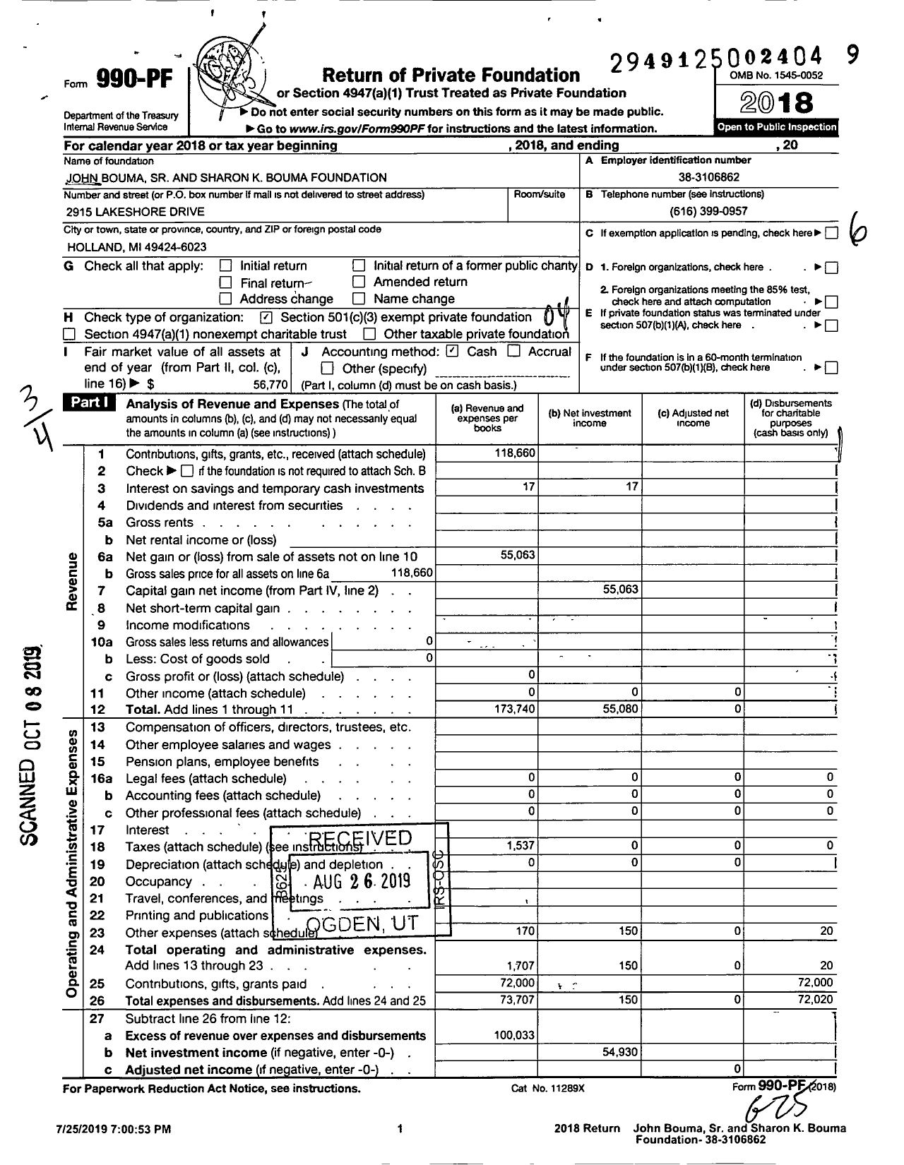 Image of first page of 2018 Form 990PF for John Bouma Sr and Sharon K Bouma Foundation