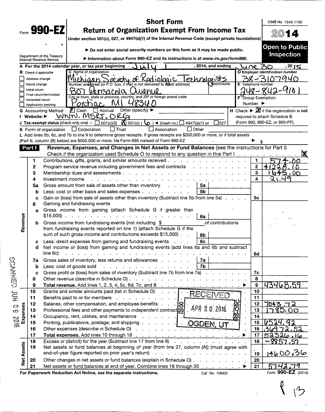 Image of first page of 2014 Form 990EO for American Society of Radiologic Technologists / Michigan Society