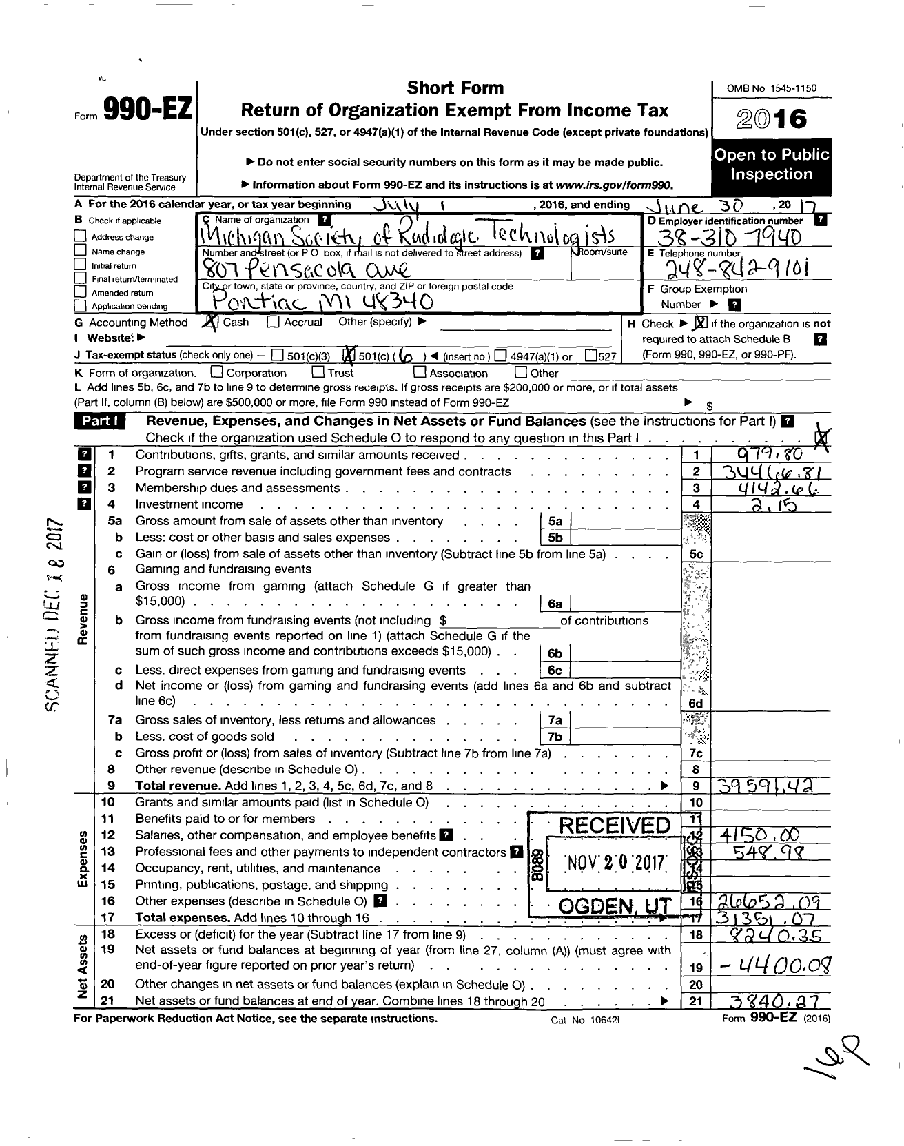 Image of first page of 2016 Form 990EO for American Society of Radiologic Technologists / Michigan Society