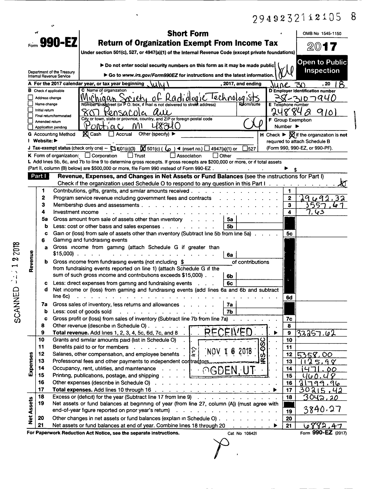 Image of first page of 2017 Form 990EO for American Society of Radiologic Technologists / Michigan Society