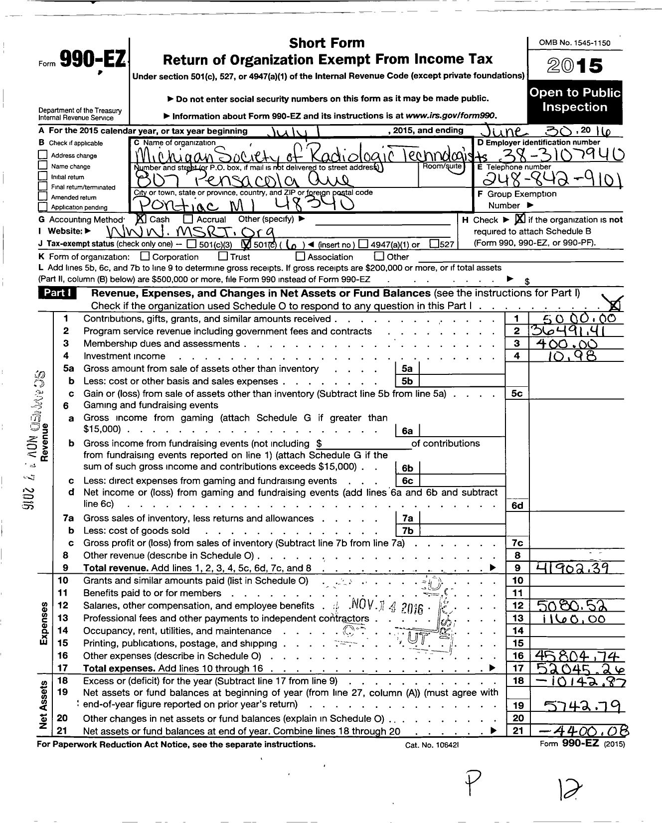 Image of first page of 2015 Form 990EO for American Society of Radiologic Technologists / Michigan Society