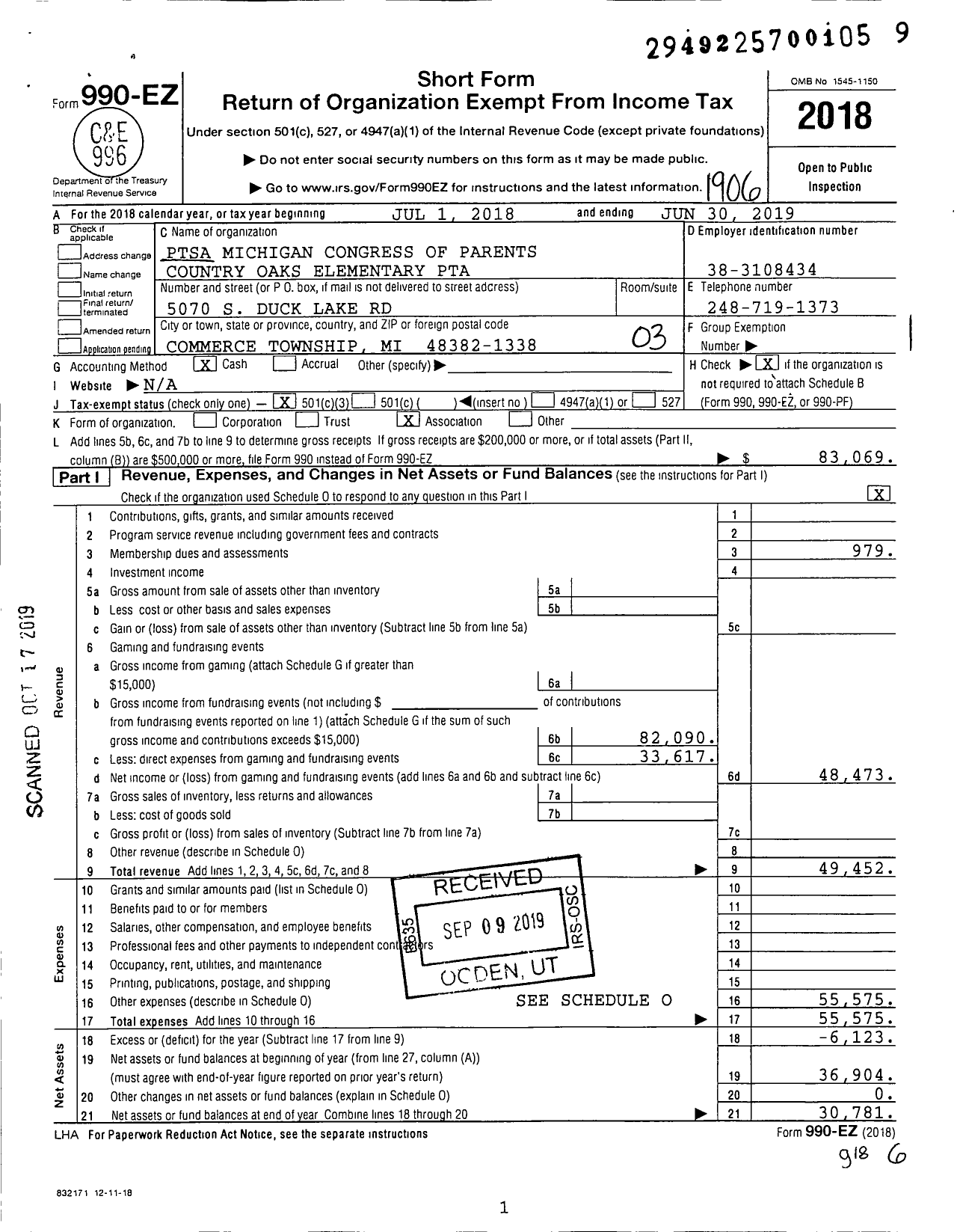 Image of first page of 2018 Form 990EZ for Ptsa Michigan Congress of Parents Country Oaks Elementary PTA