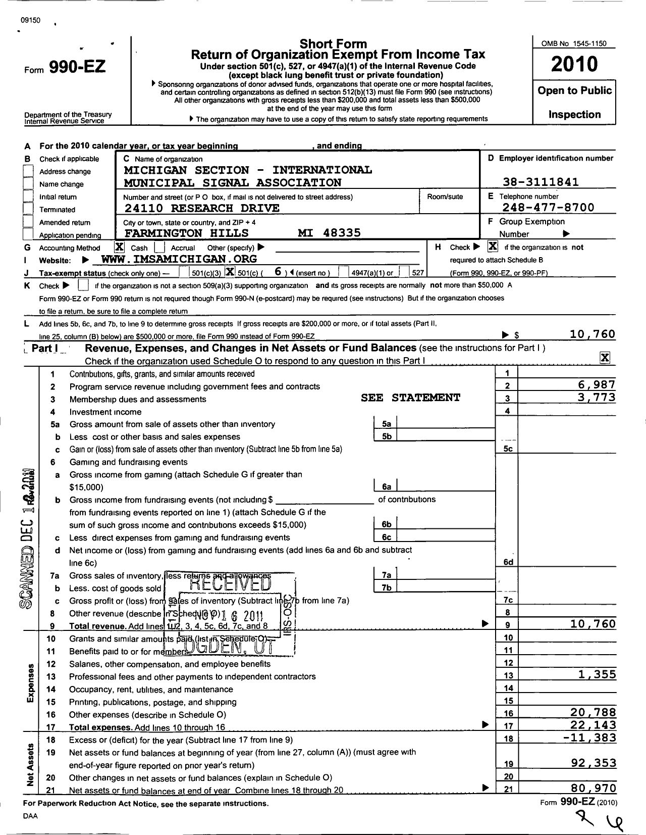 Image of first page of 2010 Form 990EO for International Municipal Signal Association of Michigan