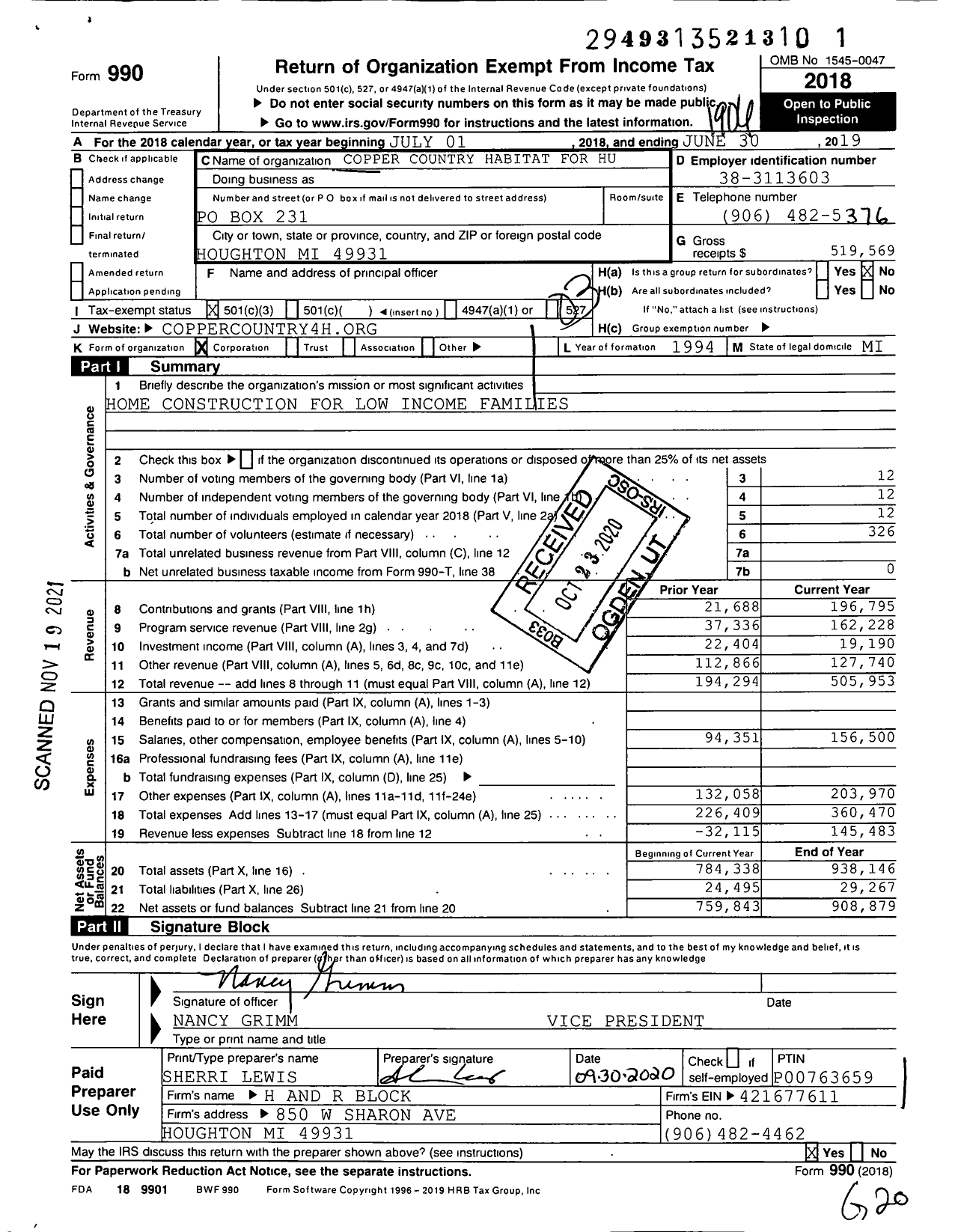 Image of first page of 2018 Form 990 for Habitat for Humanity - Copper Country Habitat for Humanity