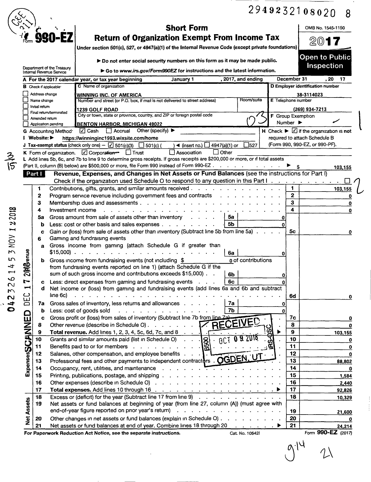 Image of first page of 2017 Form 990EZ for Winning of America
