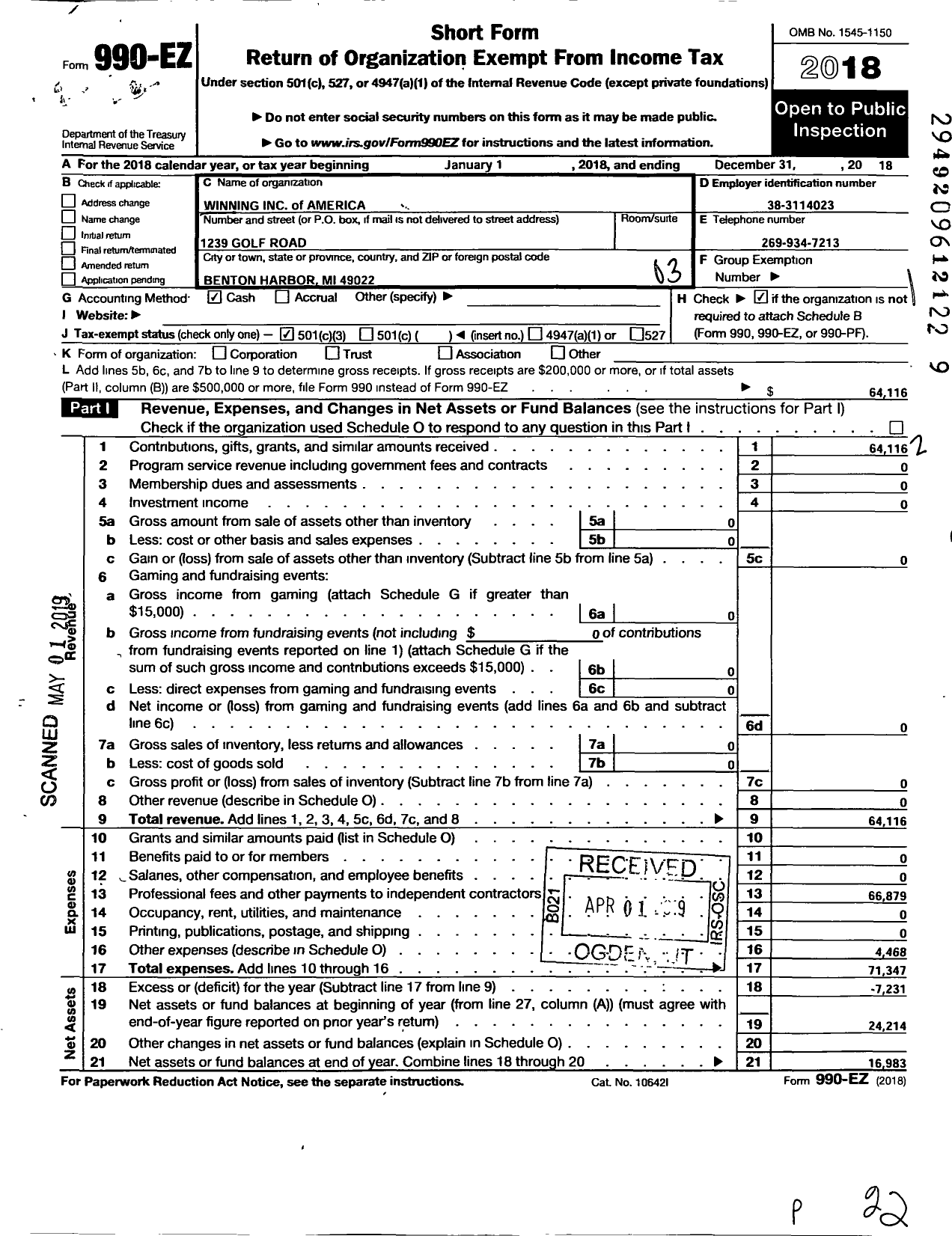 Image of first page of 2018 Form 990EZ for Winning of America
