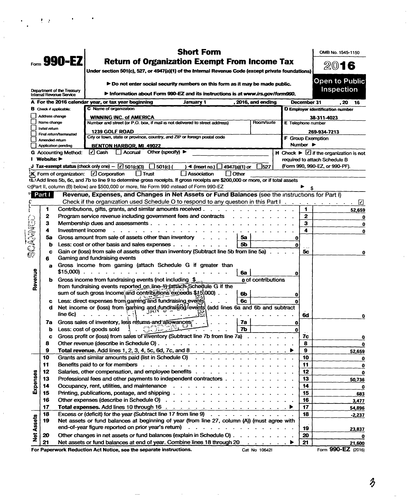Image of first page of 2016 Form 990EZ for Winning of America