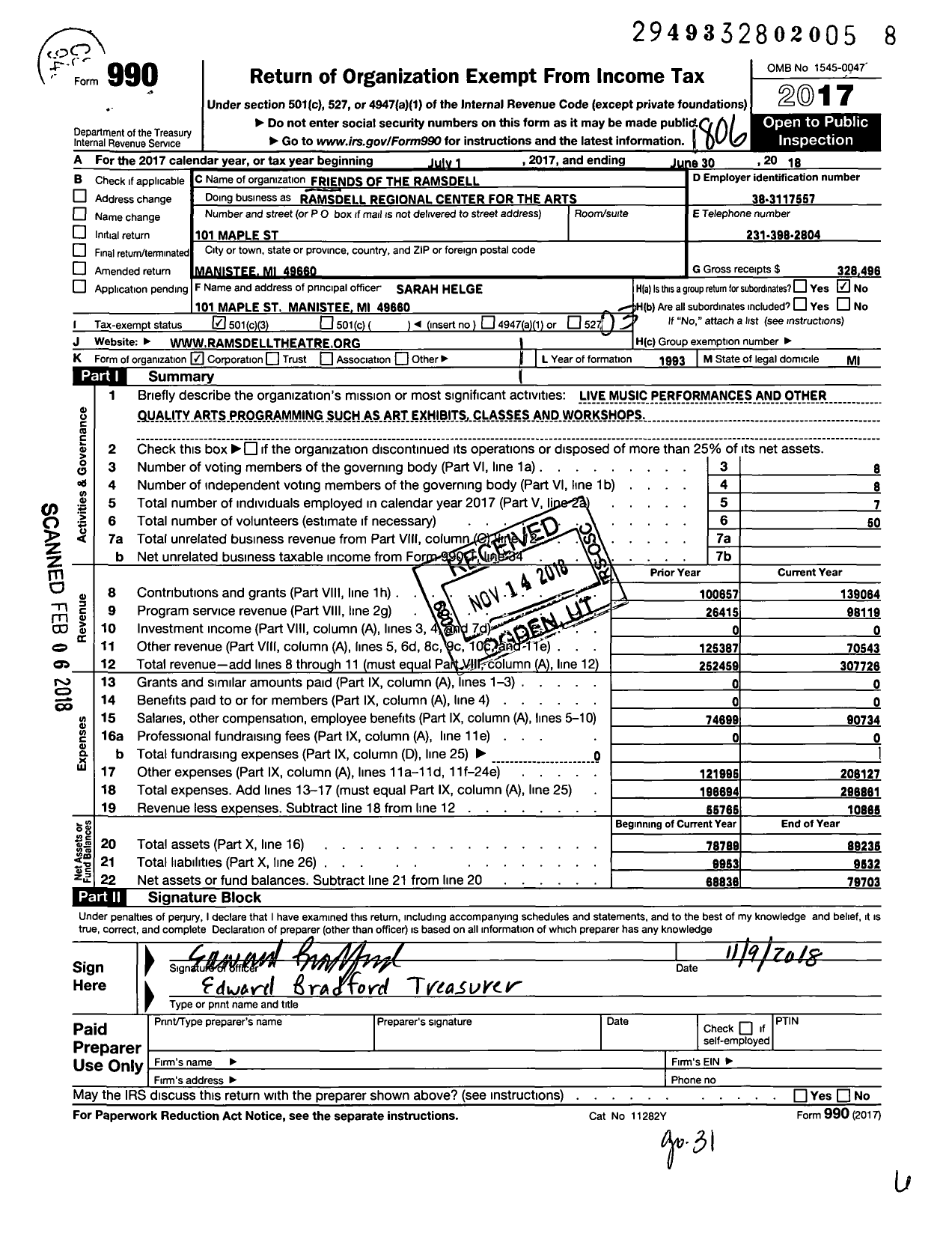 Image of first page of 2017 Form 990 for Ramsdell Regional Center for the Ar