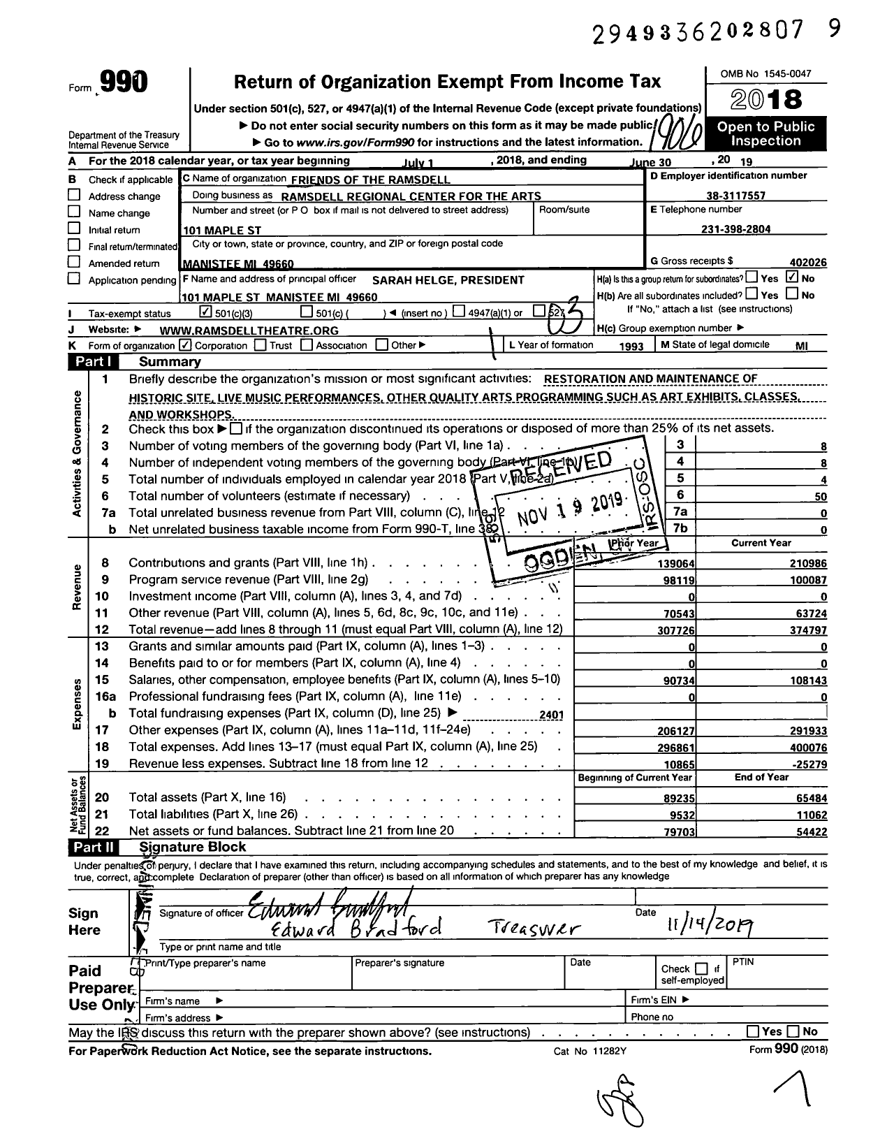 Image of first page of 2018 Form 990 for Ramsdell Regional Center for the Ar