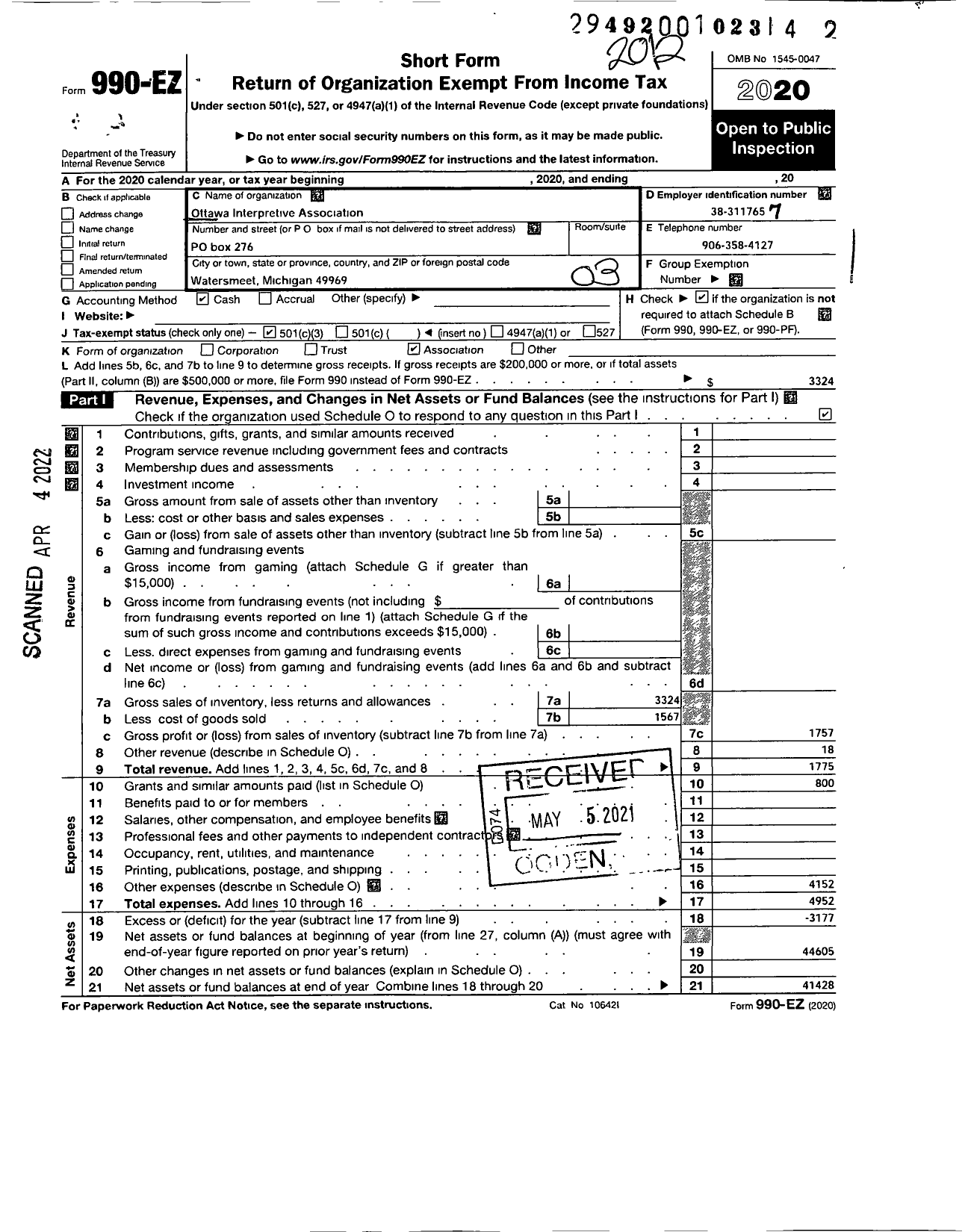 Image of first page of 2020 Form 990EZ for Ottawa Interpretive Association