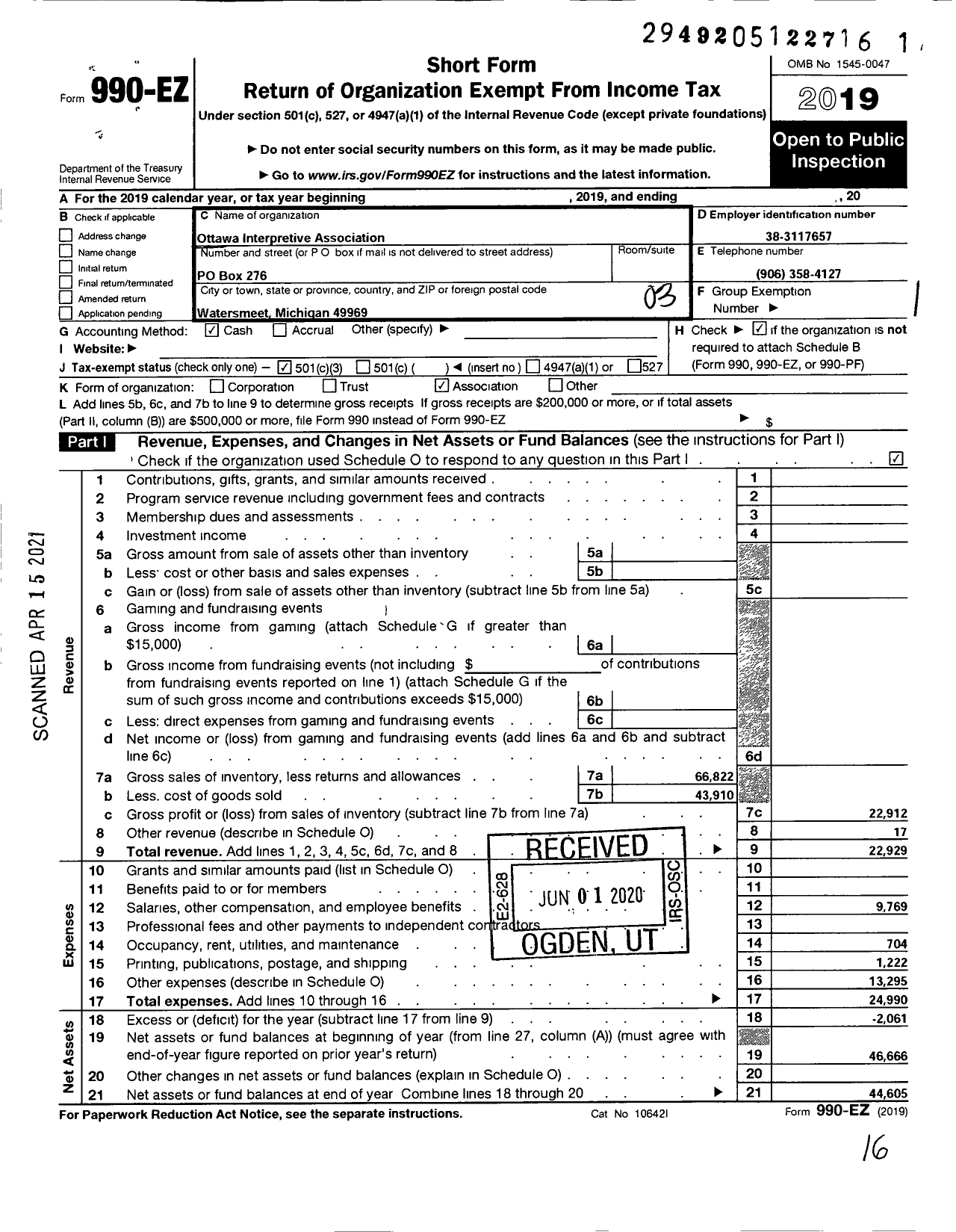 Image of first page of 2019 Form 990EZ for Ottawa Interpretive Association