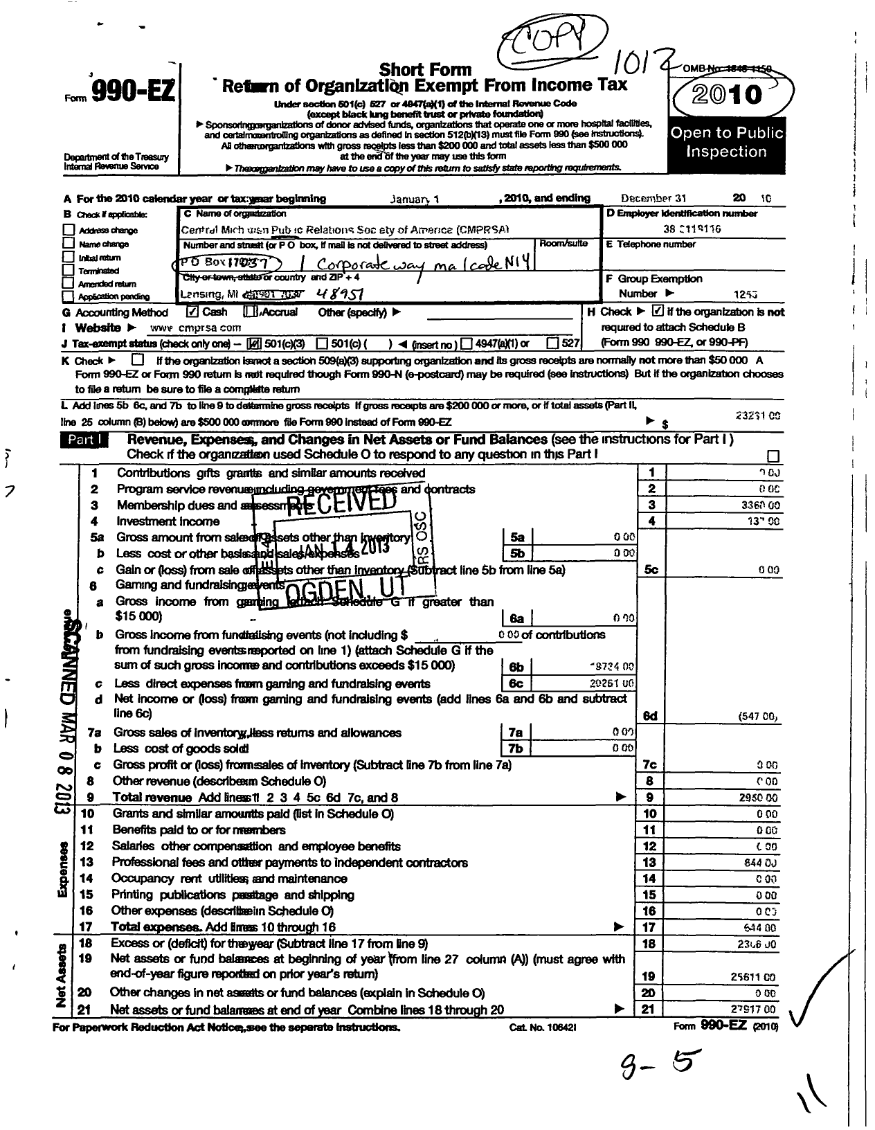 Image of first page of 2010 Form 990EZ for Public Relations Society of America / Central Michigan Chapter