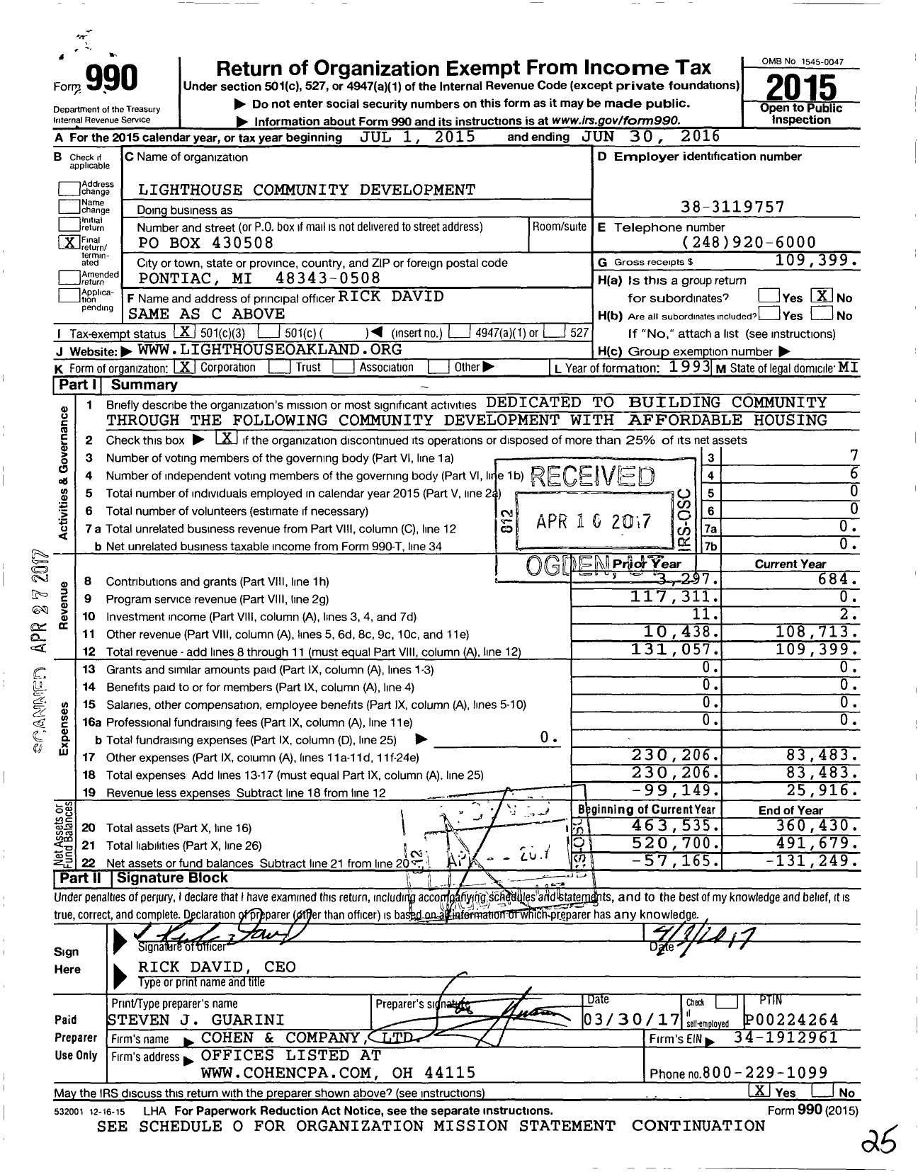 Image of first page of 2015 Form 990 for Lighthouse Community Development