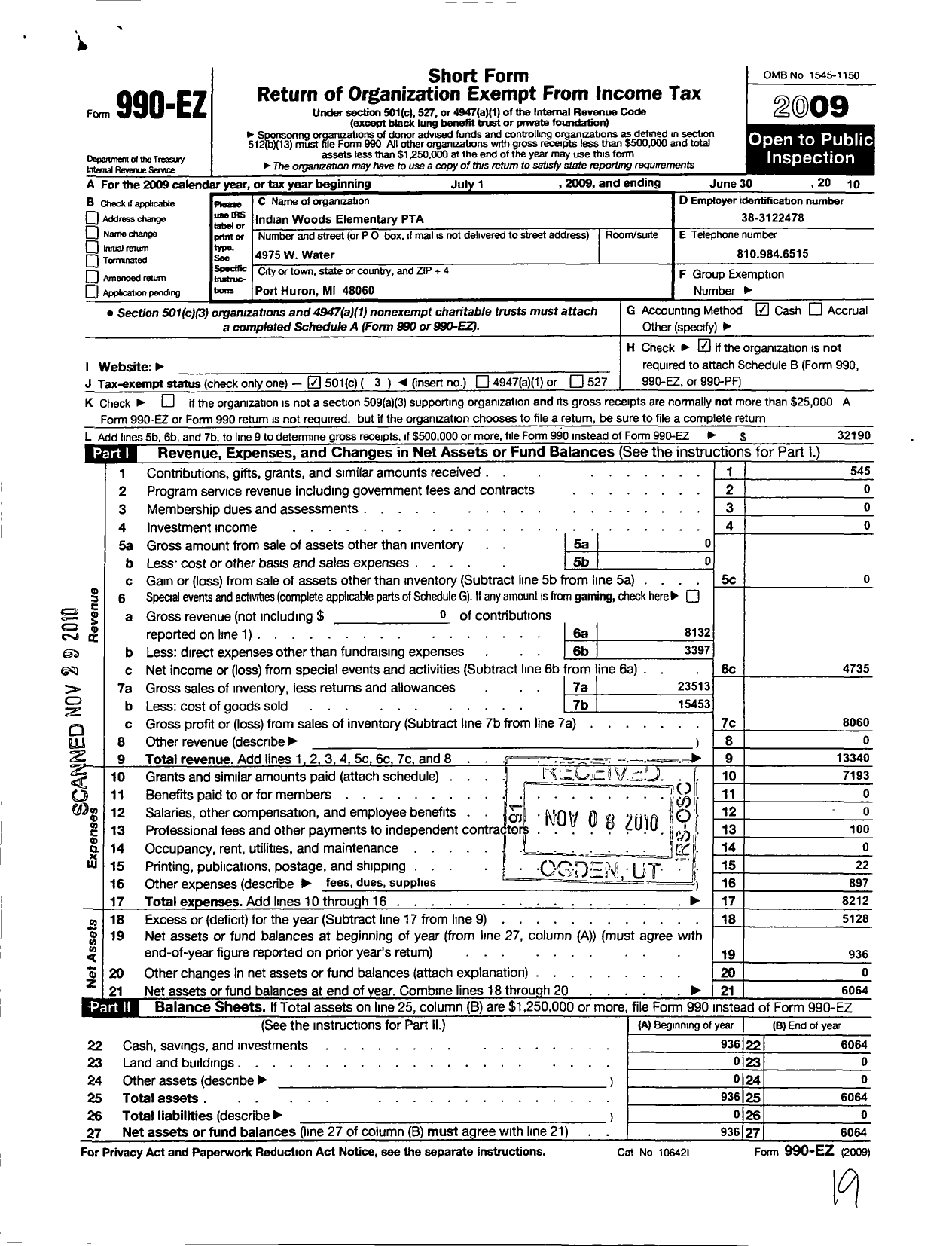 Image of first page of 2009 Form 990EZ for Ptsa Michigan Congress of Parents Teachers and Students / Indian Woods Elementary PTA