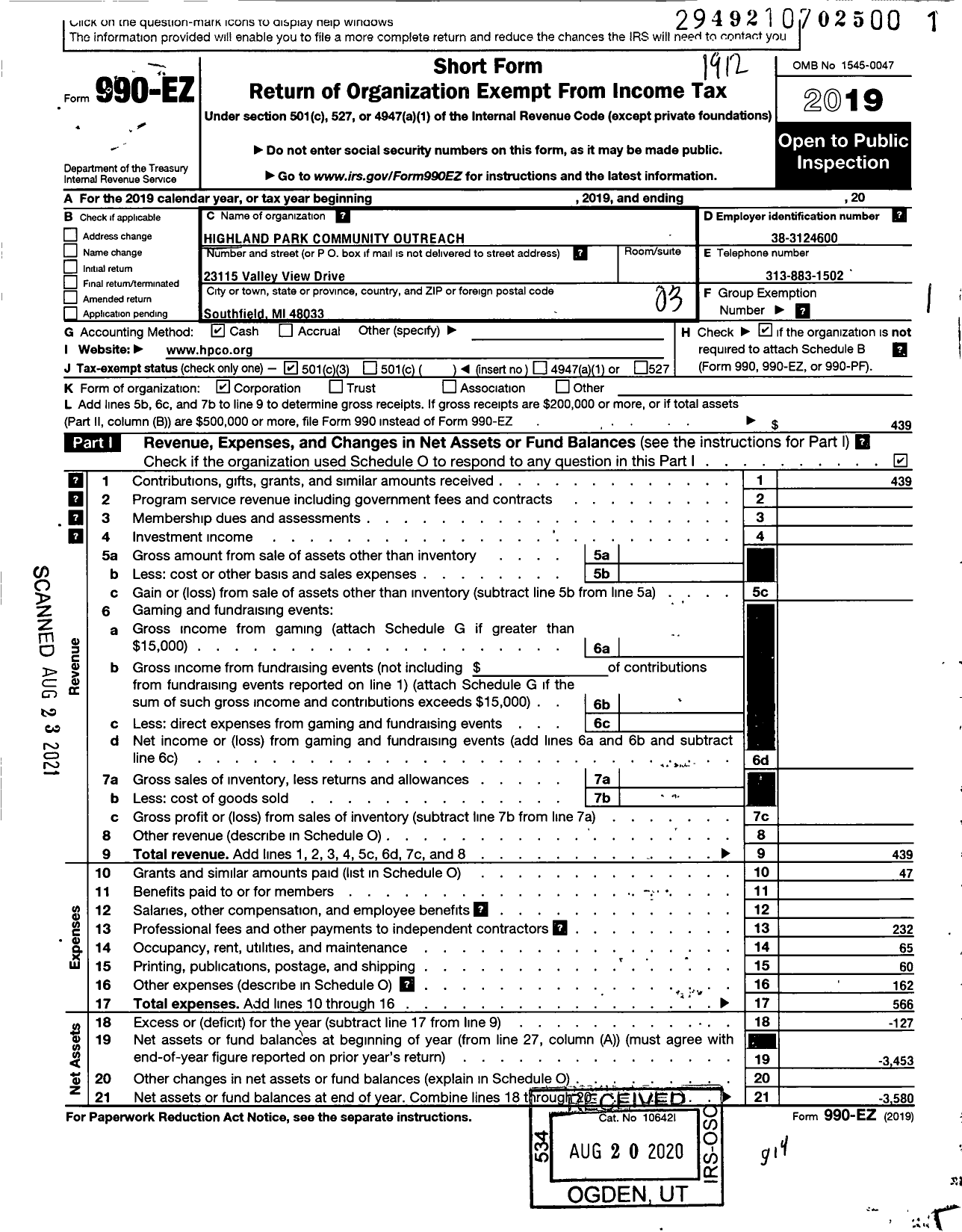 Image of first page of 2019 Form 990EZ for Highland Park Community Outreach