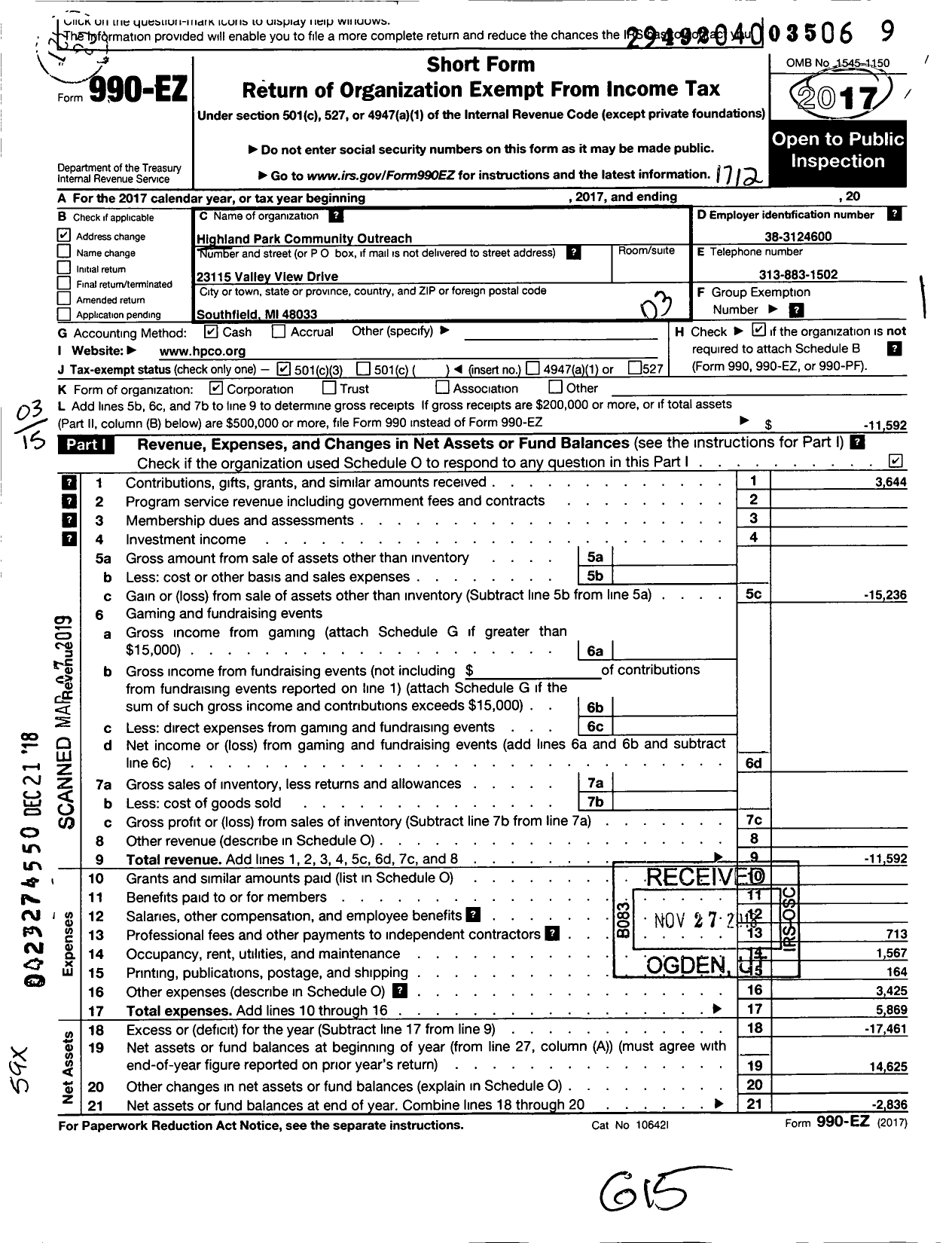 Image of first page of 2017 Form 990EZ for Highland Park Community Outreach