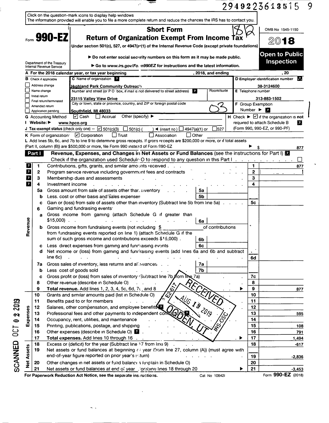 Image of first page of 2018 Form 990EZ for Highland Park Community Outreach