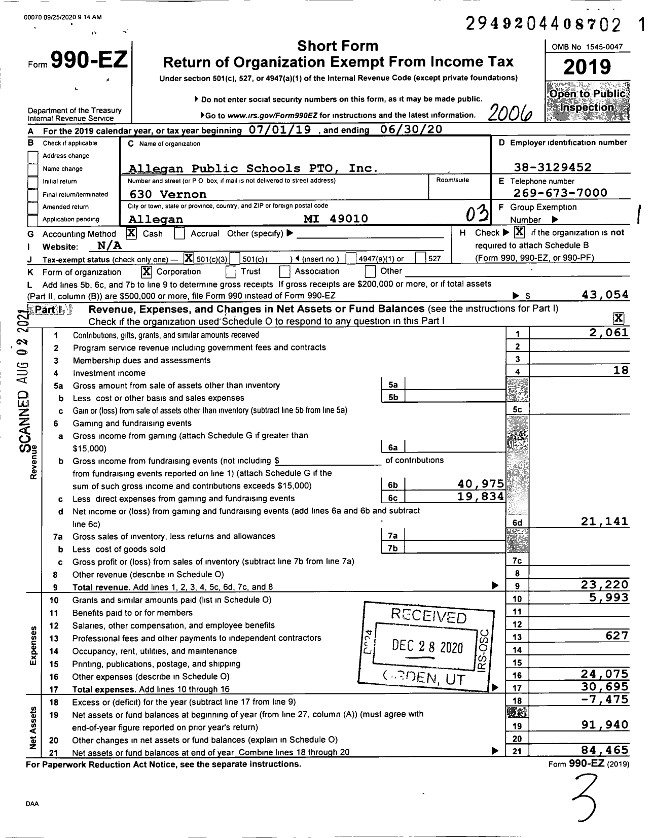 Image of first page of 2019 Form 990EZ for Allegan Public Schools Pto