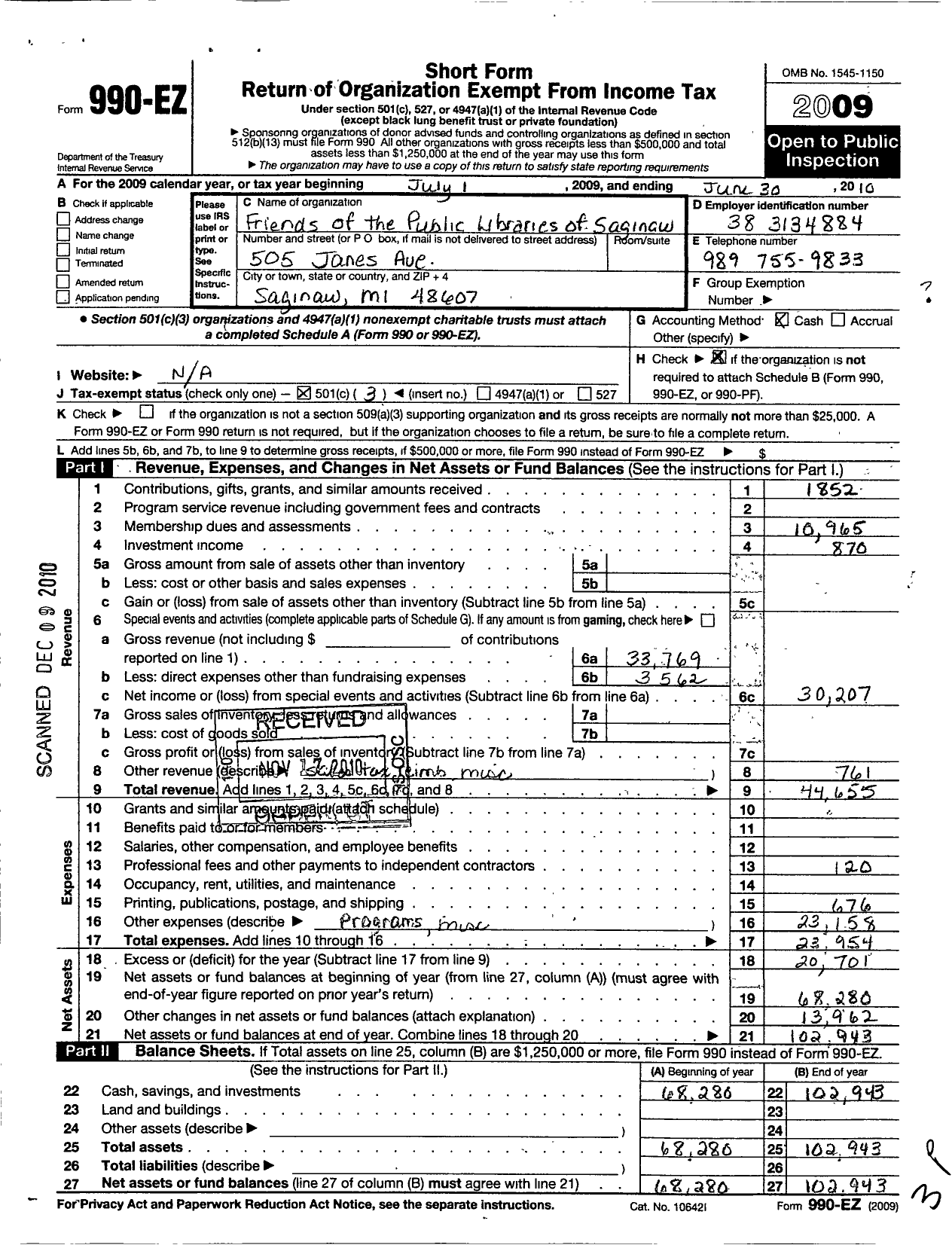 Image of first page of 2009 Form 990EZ for Friends of the Public Libraries of Saginaw