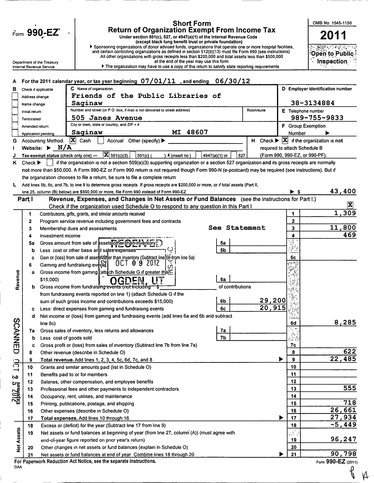 Image of first page of 2011 Form 990EZ for Friends of the Public Libraries of Saginaw