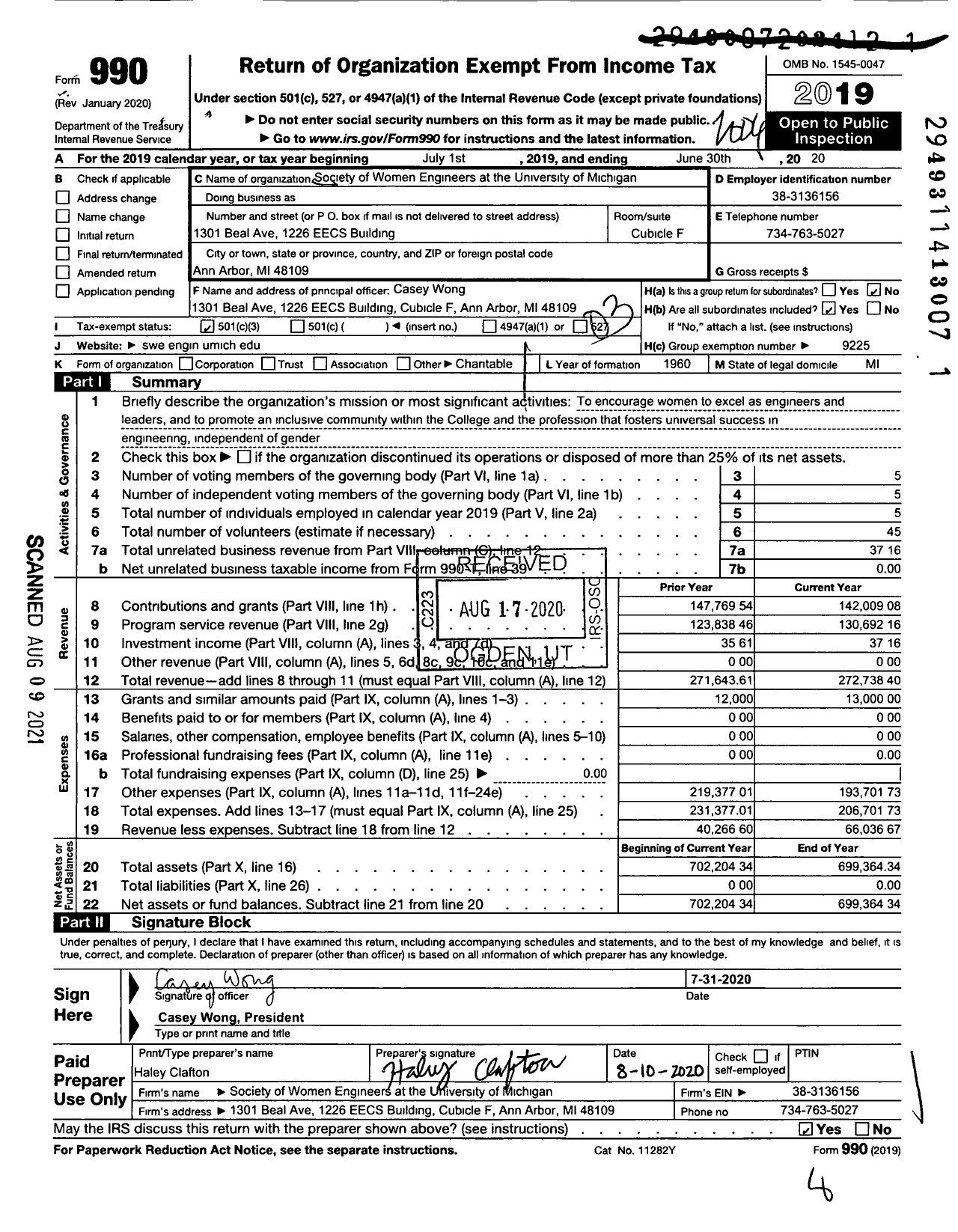 Image of first page of 2019 Form 990 for Society of Women Engineers / Universtiy of Michigan Section