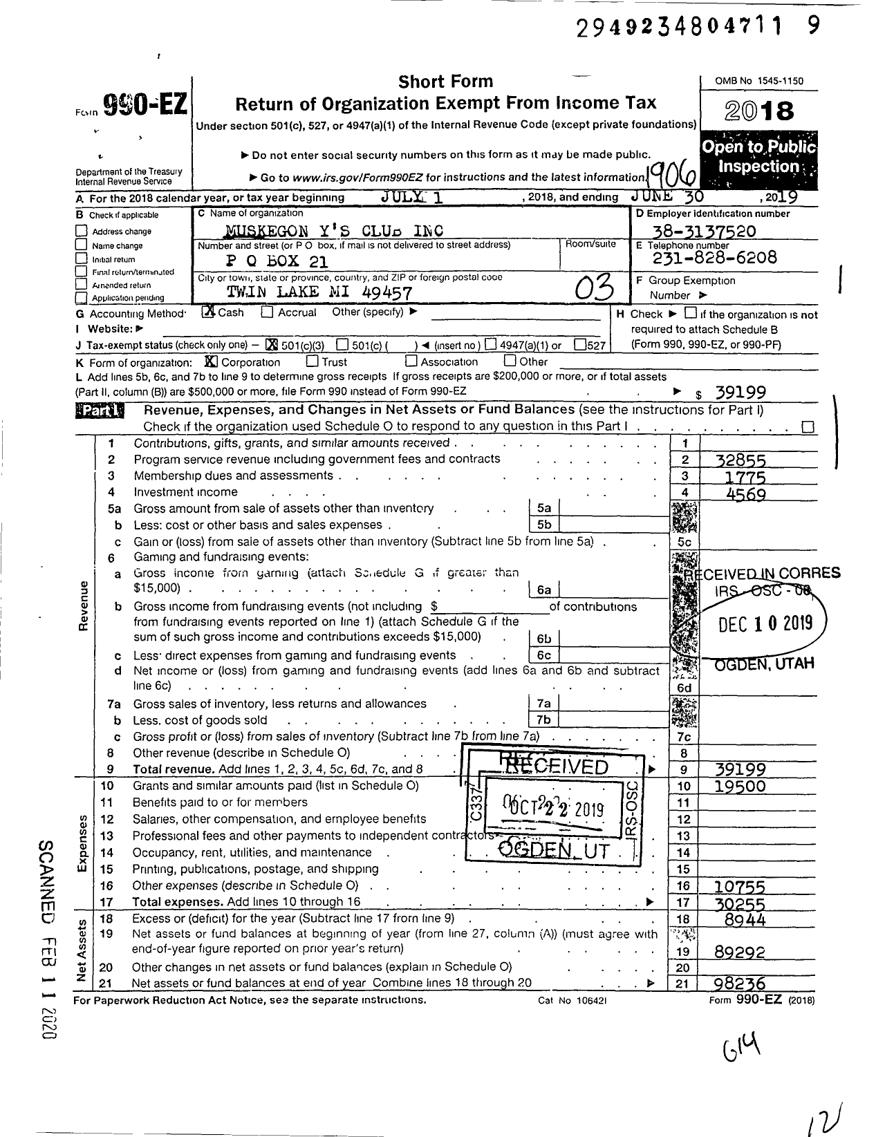 Image of first page of 2018 Form 990EZ for Muskegon Y's Club