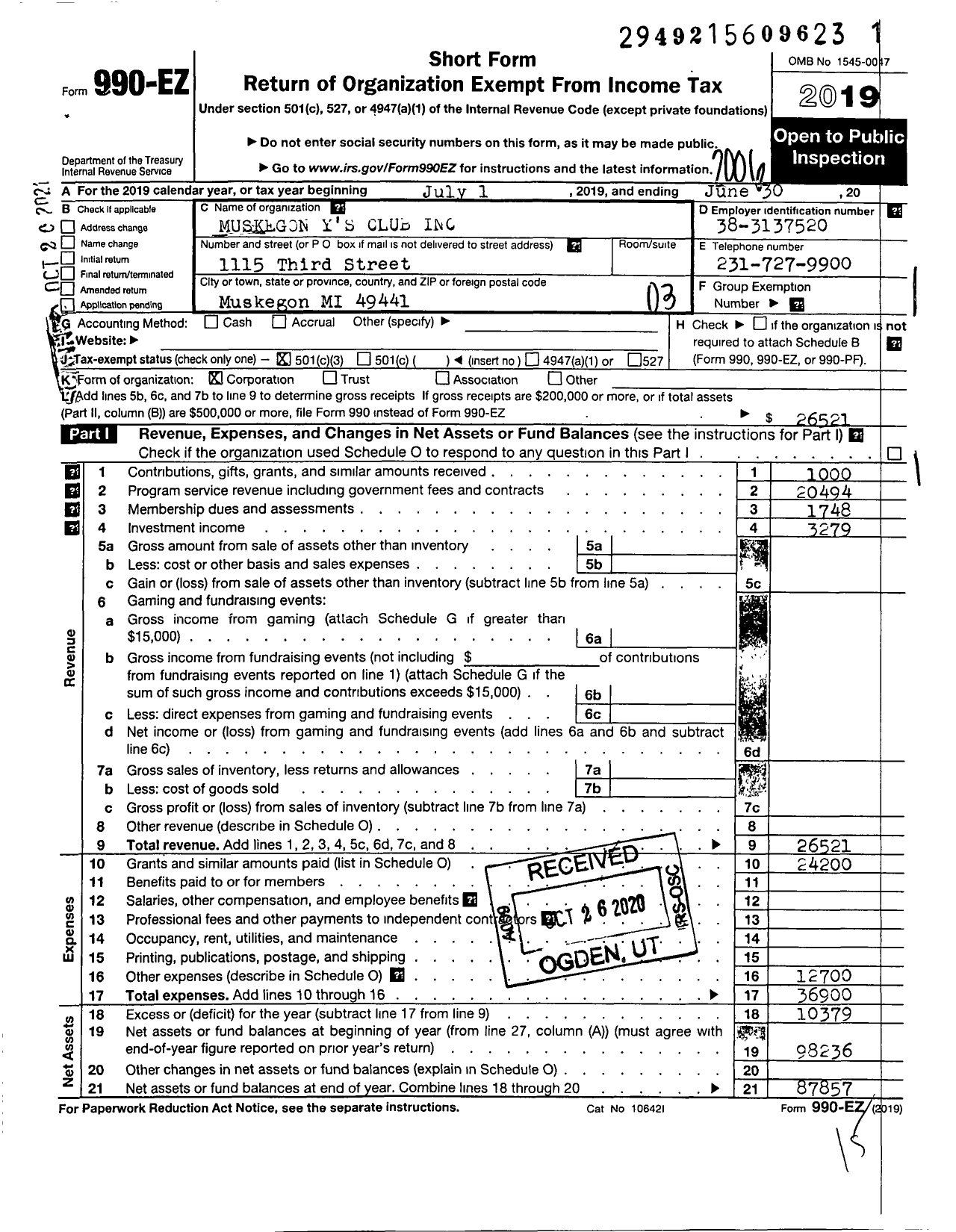 Image of first page of 2019 Form 990EZ for Muskegon Y's Club