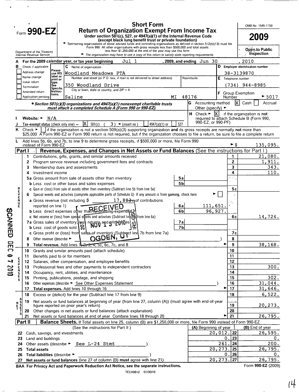 Image of first page of 2009 Form 990EZ for Ptsa Michigan Congress of Parents Teachers and Students / Woodland Meadows Elementary PTA