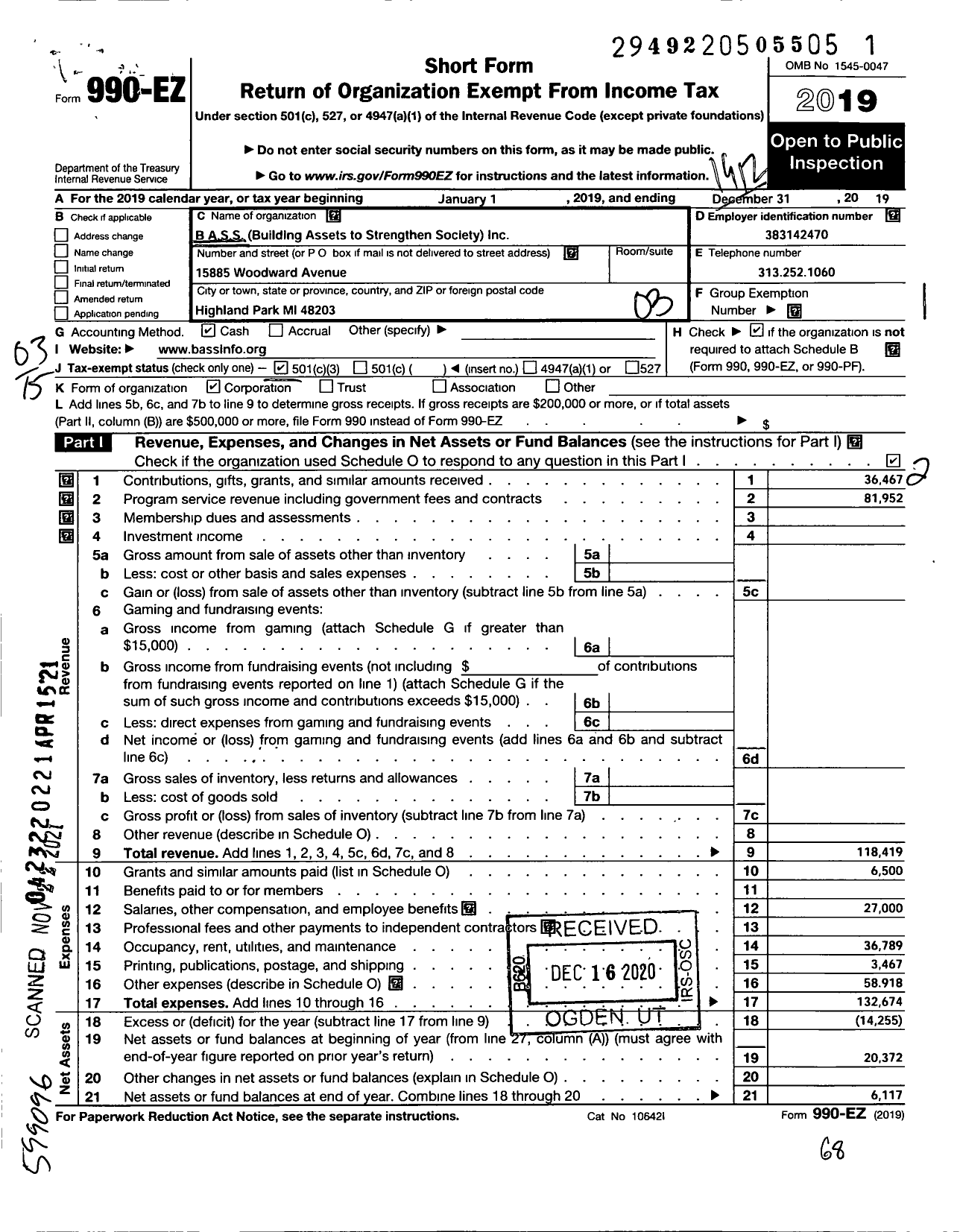 Image of first page of 2019 Form 990EZ for B A S S (Building Assets To Strengthen Socie)