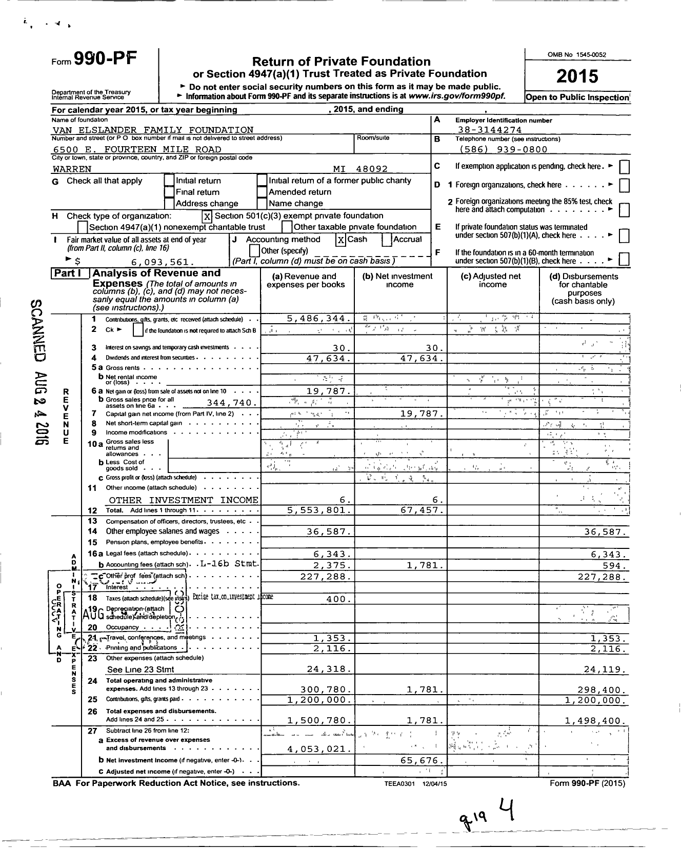 Image of first page of 2015 Form 990PF for Van Elslander Family Foundation