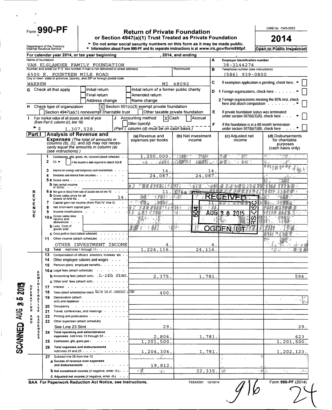 Image of first page of 2014 Form 990PF for Van Elslander Family Foundation