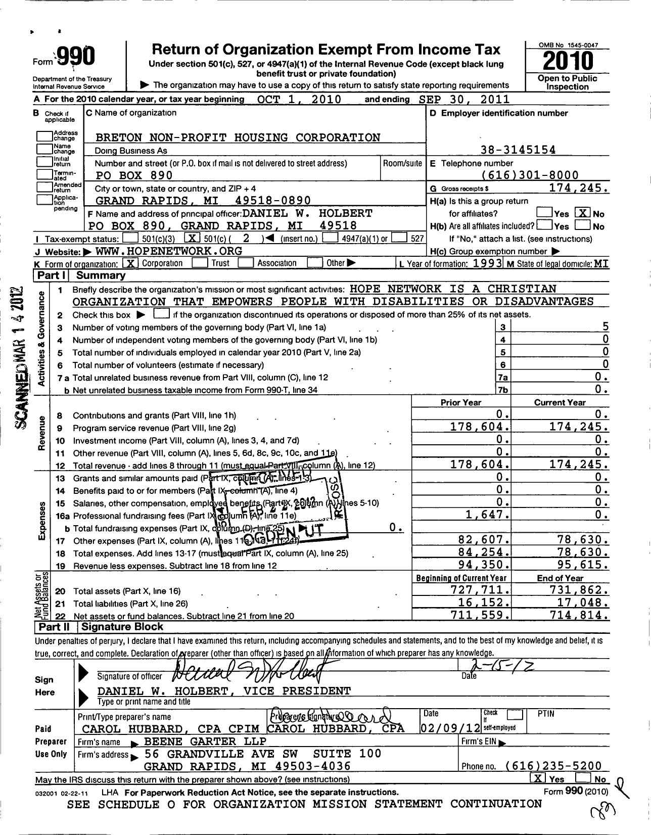 Image of first page of 2010 Form 990O for Breton Non-Profit Housing Corporation