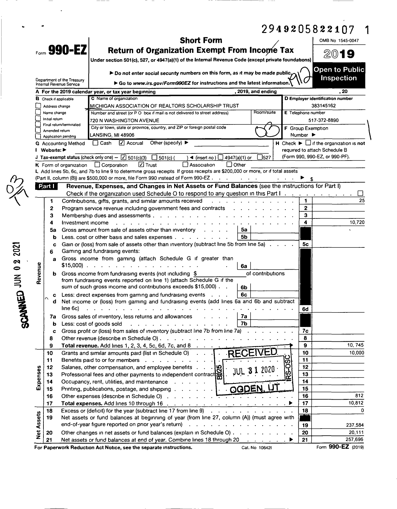 Image of first page of 2019 Form 990EZ for Michigan Association of Realtors Scholarship Trust
