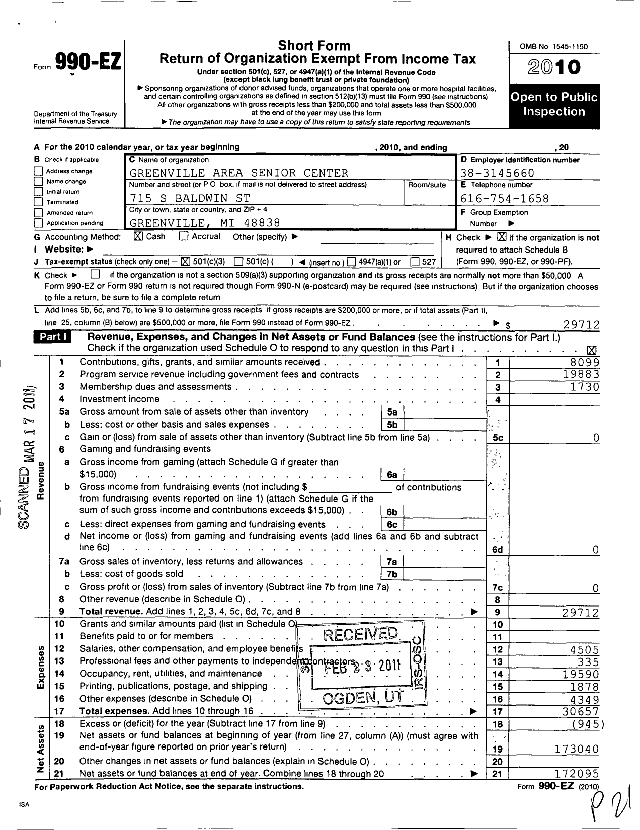 Image of first page of 2010 Form 990EZ for The Greenville Area Senior Center for Senior Citizens