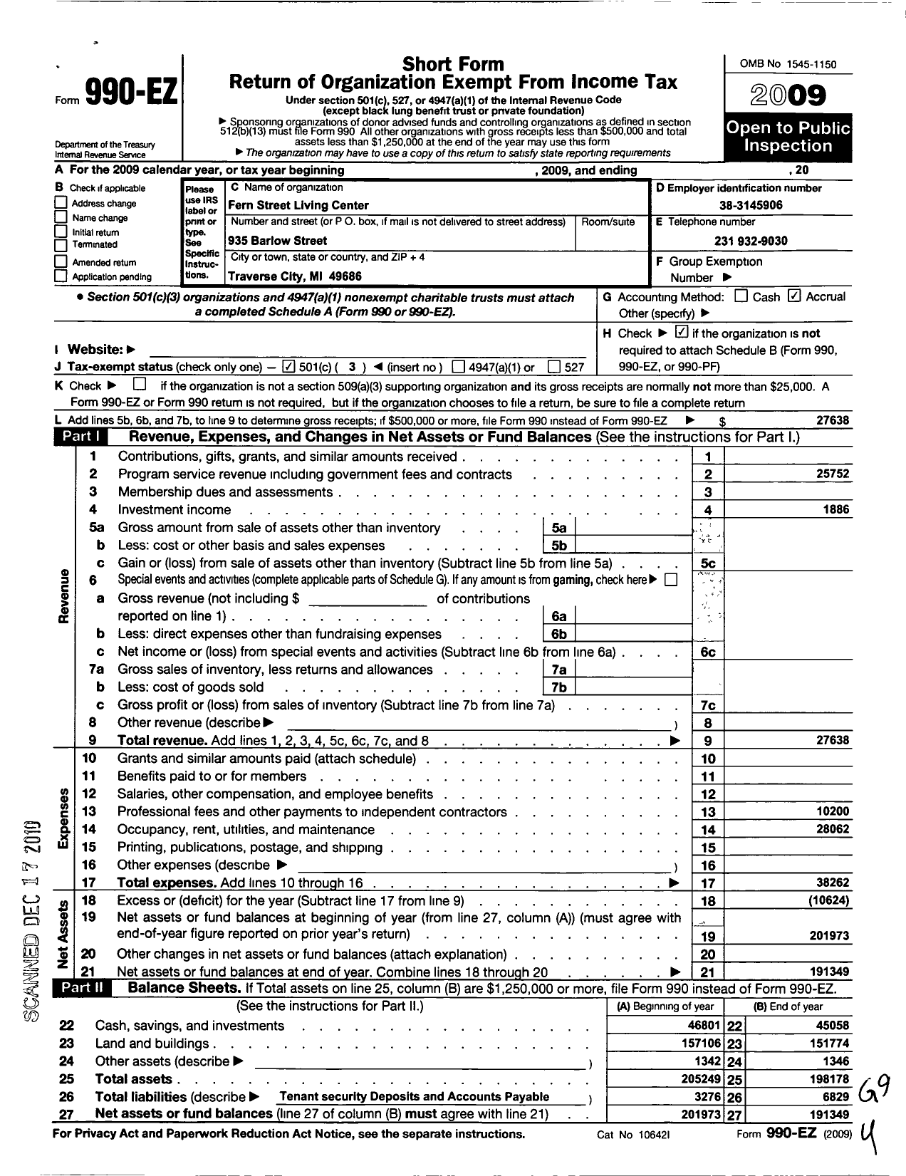 Image of first page of 2009 Form 990EZ for Fern Street Living Center Nonprofit Housing Corporation