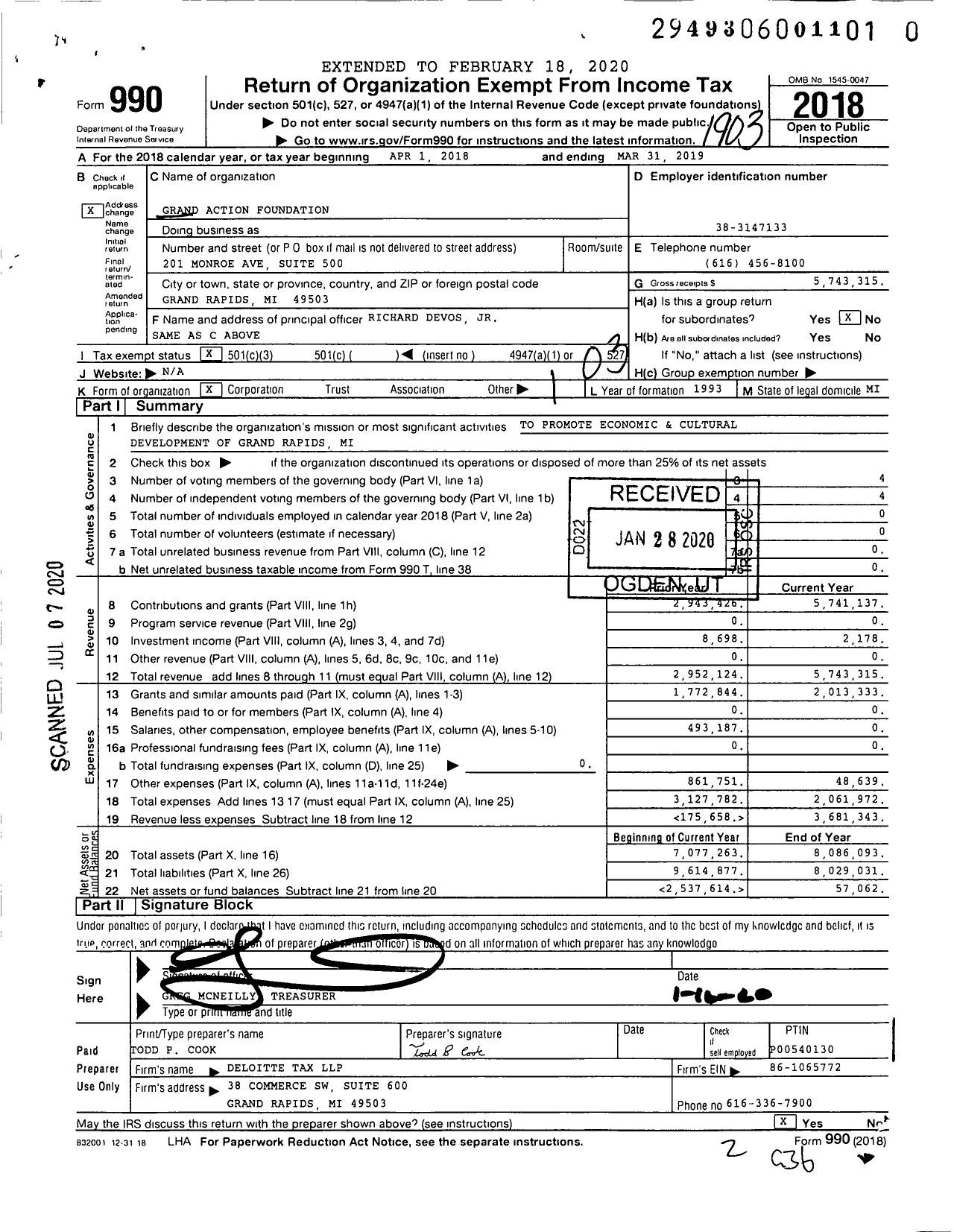 Image of first page of 2018 Form 990 for Grand Action Foundation 20