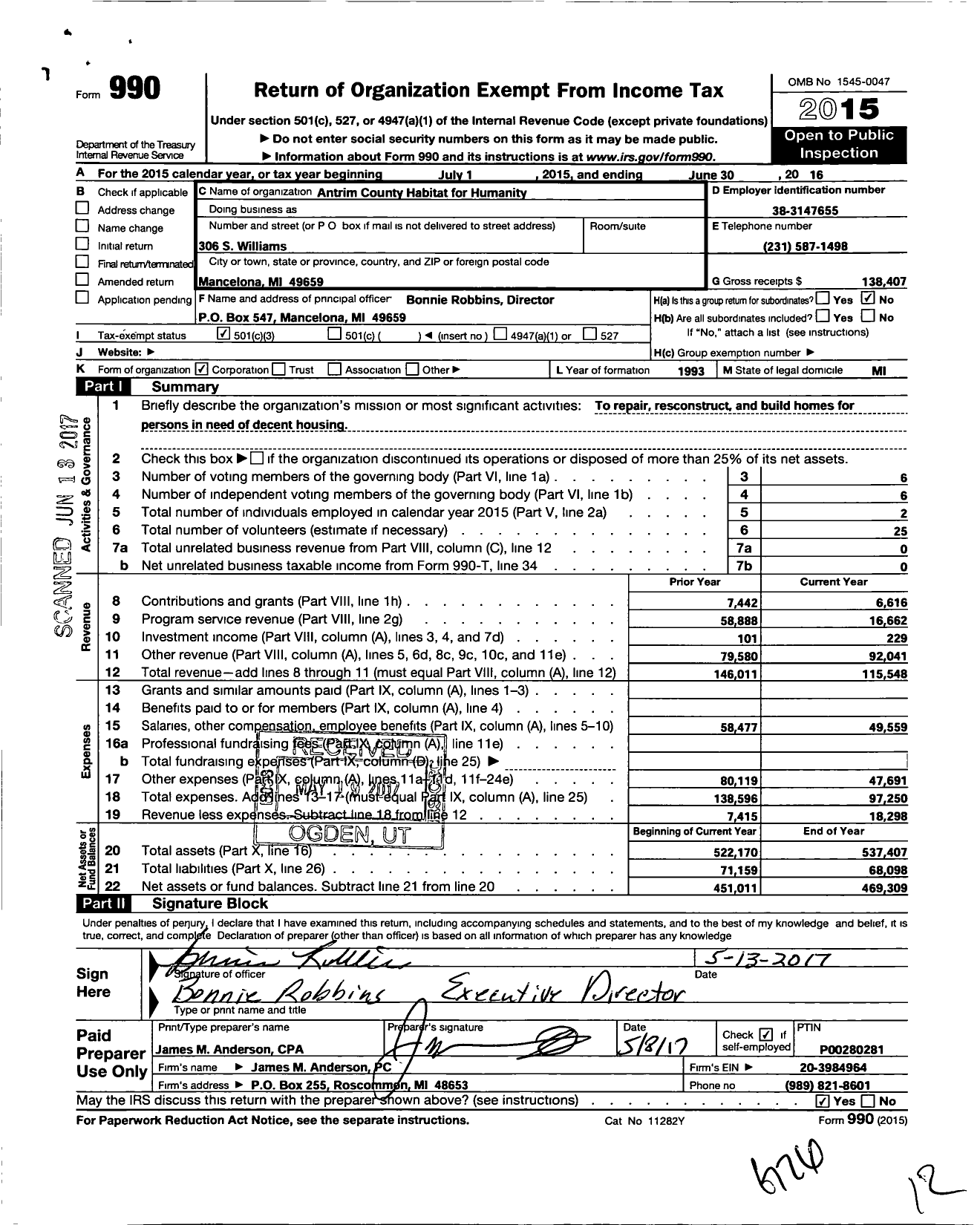 Image of first page of 2015 Form 990 for Habitat for Humanity - Antrim County HFH