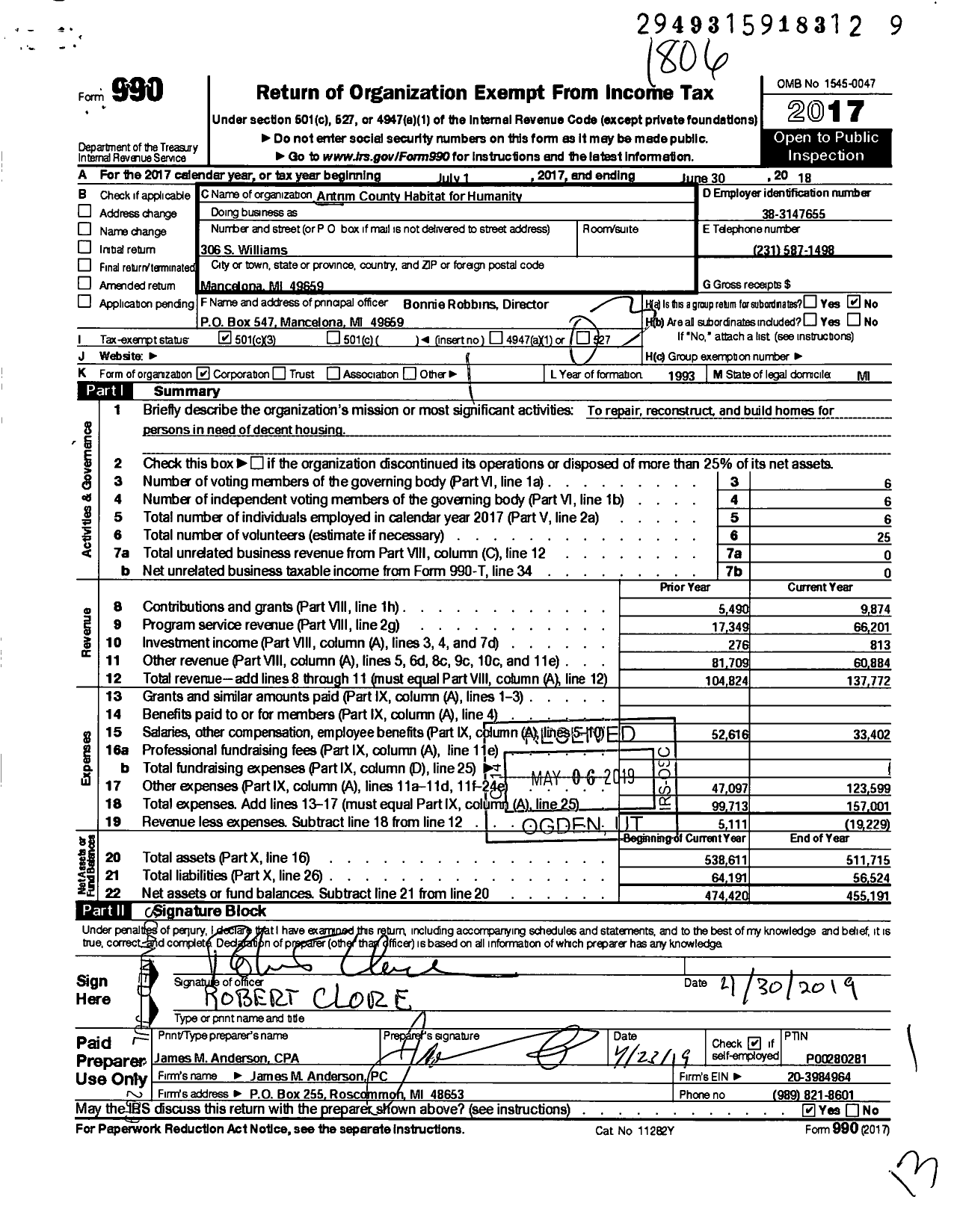 Image of first page of 2017 Form 990 for Habitat for Humanity - Antrim County HFH