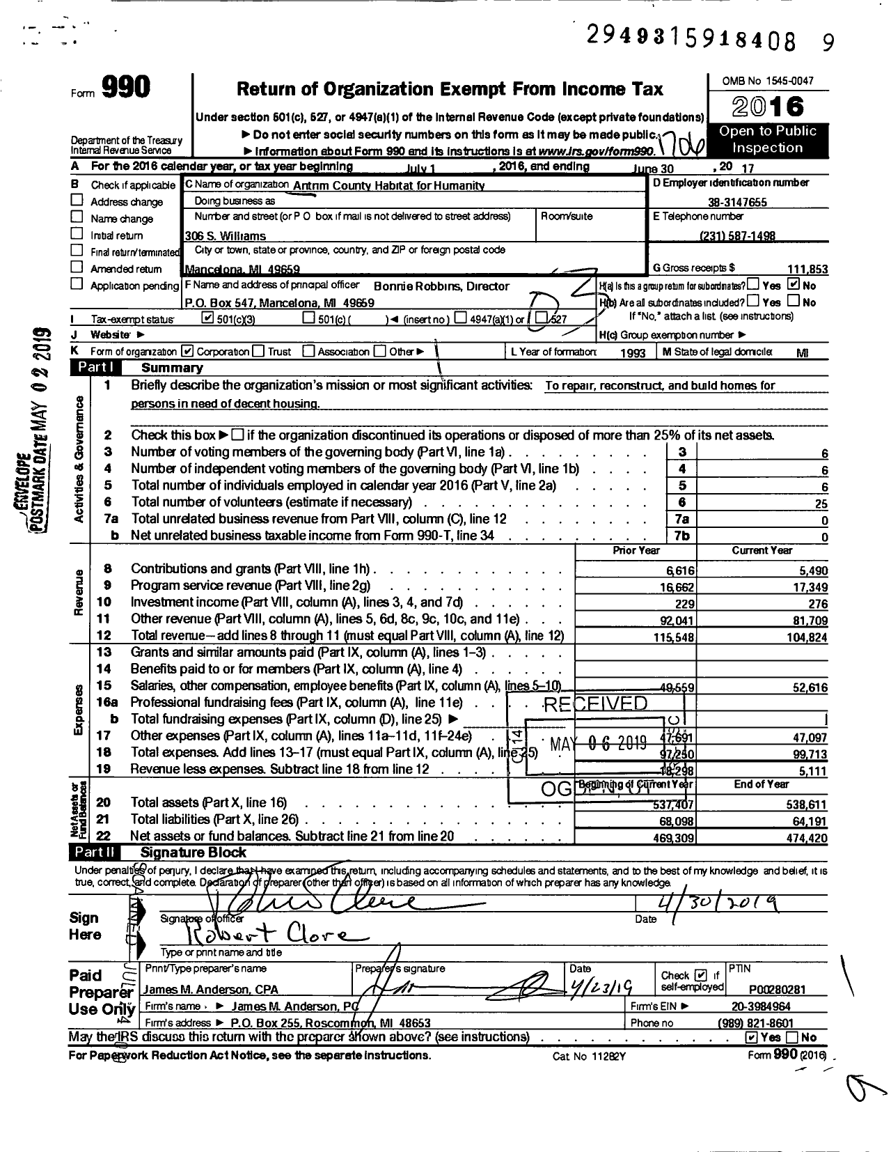 Image of first page of 2016 Form 990 for Habitat for Humanity - Antrim County HFH